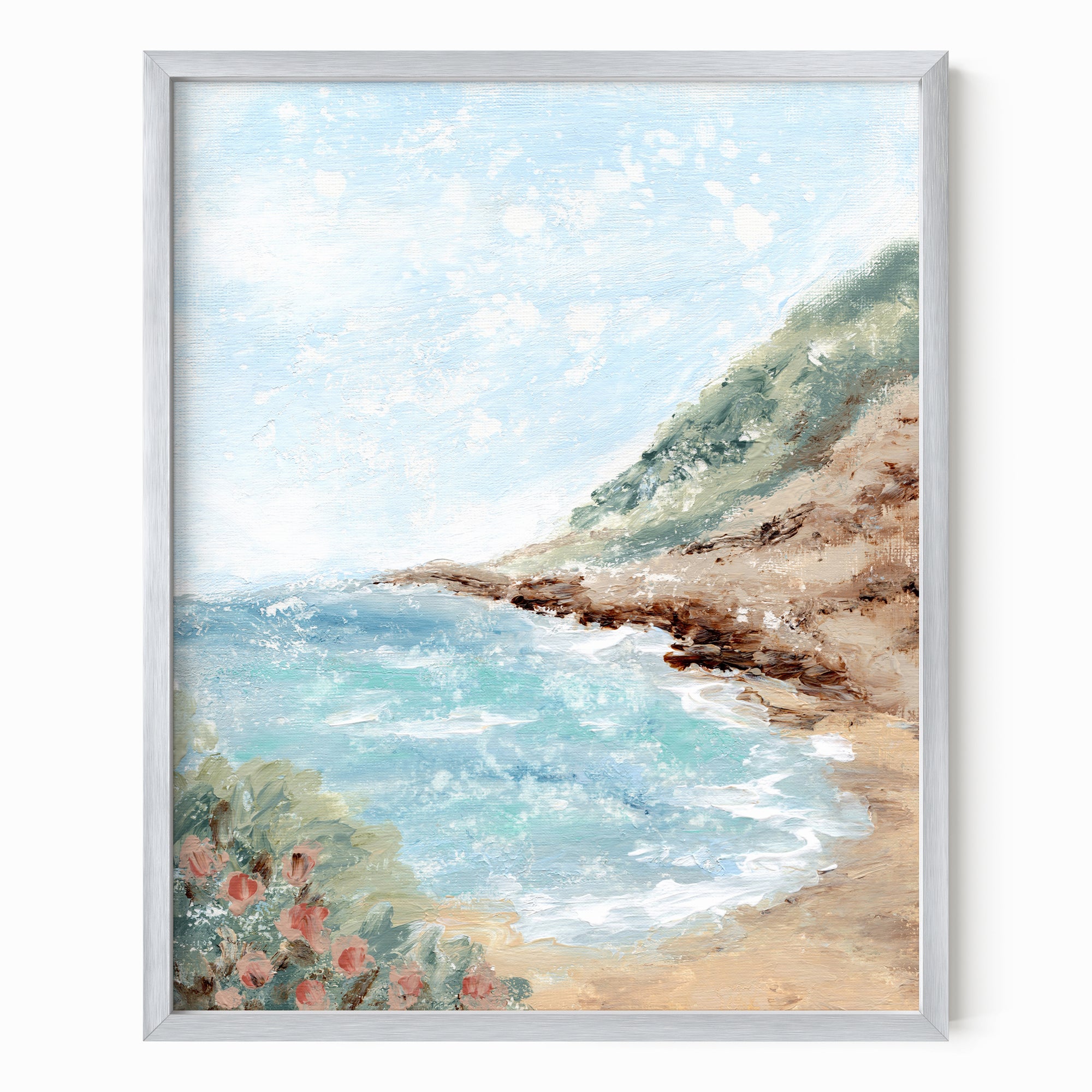 Aluna - Coastal beach landscape painting art print blending light blue, royal blues, and teal with earthy green, blue green, beige, cognac brown, deep brown, cream, gray, and white; framed in silver metal by NLS Design. Large neutral wall art for living rooms, bedrooms, offices, and above the couch and above the bed. Modern coastal, Nancy Meyers, tropical. Pottery Barn dupe, Serena &amp; Lily, Magnolia, Crate &amp; Barrel, and McGee style. Real art by a real artist - NO AI. nlsdesignllc.com