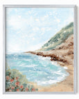 Aluna - Coastal beach landscape painting art print blending light blue, royal blues, and teal with earthy green, blue green, beige, cognac brown, deep brown, cream, gray, and white; framed in silver metal by NLS Design. Large neutral wall art for living rooms, bedrooms, offices, and above the couch and above the bed. Modern coastal, Nancy Meyers, tropical. Pottery Barn dupe, Serena & Lily, Magnolia, Crate & Barrel, and McGee style. Real art by a real artist - NO AI. nlsdesignllc.com