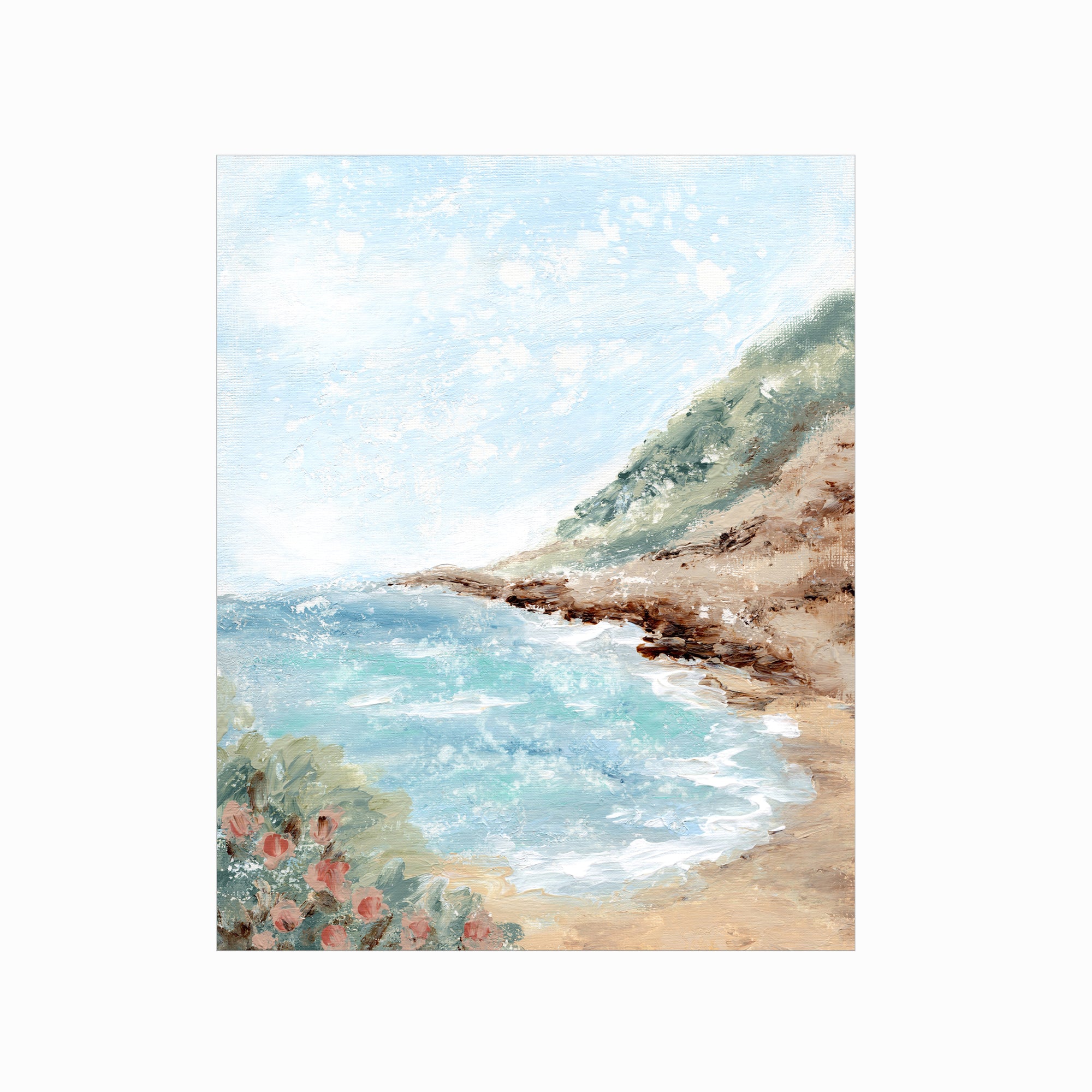 Aluna - Coastal beach landscape painting art print blending light blue, royal blues, and teal with earthy green, blue green, beige, cognac brown, deep brown, cream, gray, and white; unframed by NLS Design. Large neutral wall art for living rooms, bedrooms, offices, and above the couch and above the bed. Modern coastal, Nancy Meyers, tropical. Pottery Barn dupe, Serena & Lily, Magnolia, Crate & Barrel, and McGee style. Real art by a real artist - NO AI. nlsdesignllc.com
