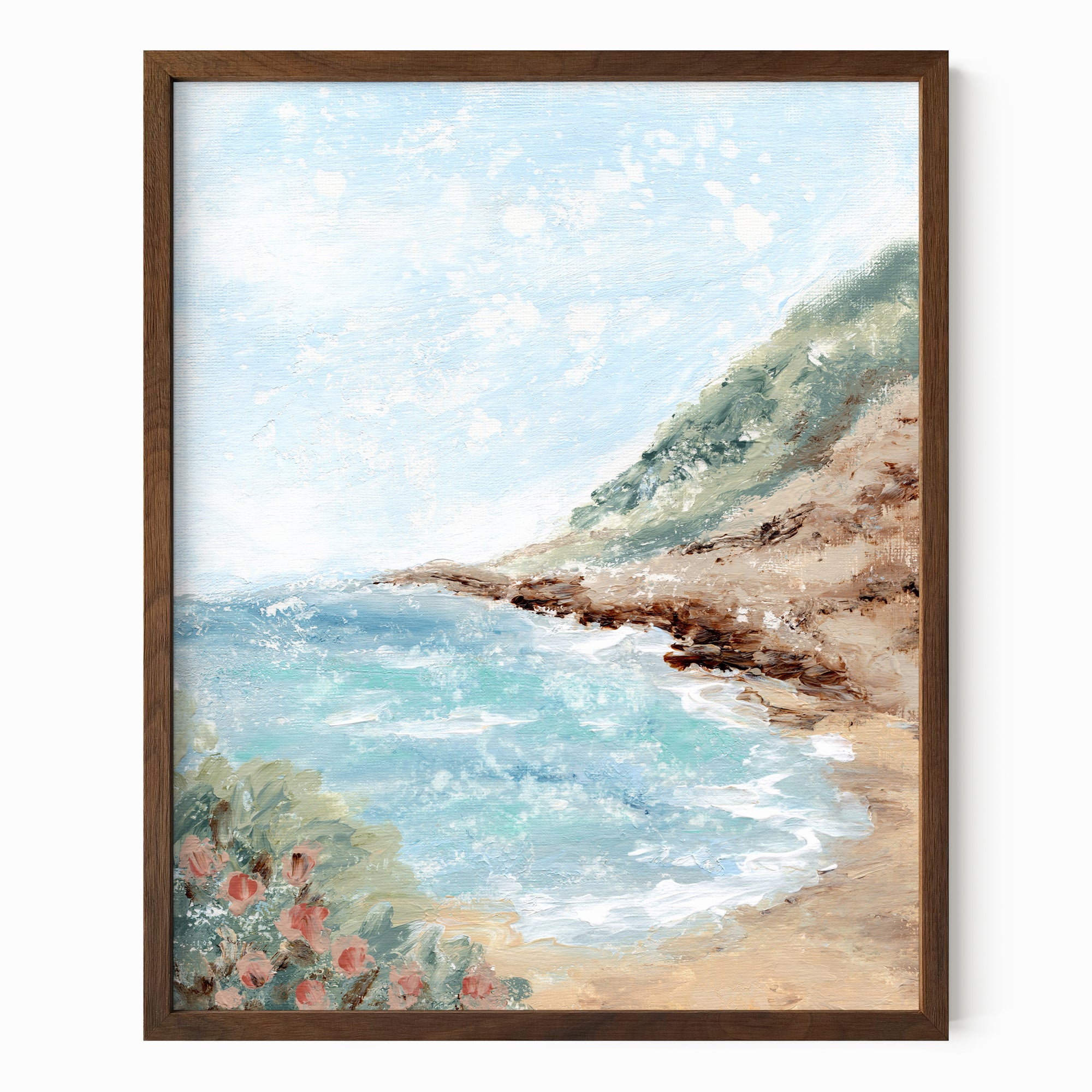Aluna - Coastal beach landscape painting art print blending light blue, royal blues, and teal with earthy green, blue green, beige, cognac brown, deep brown, cream, gray, and white; framed in walnut oak by NLS Design. Large neutral wall art for living rooms, bedrooms, offices, and above the couch and above the bed. Modern coastal, Nancy Meyers, tropical. Pottery Barn dupe, Serena &amp; Lily, Magnolia, Crate &amp; Barrel, and McGee style. Real art by a real artist - NO AI. nlsdesignllc.com