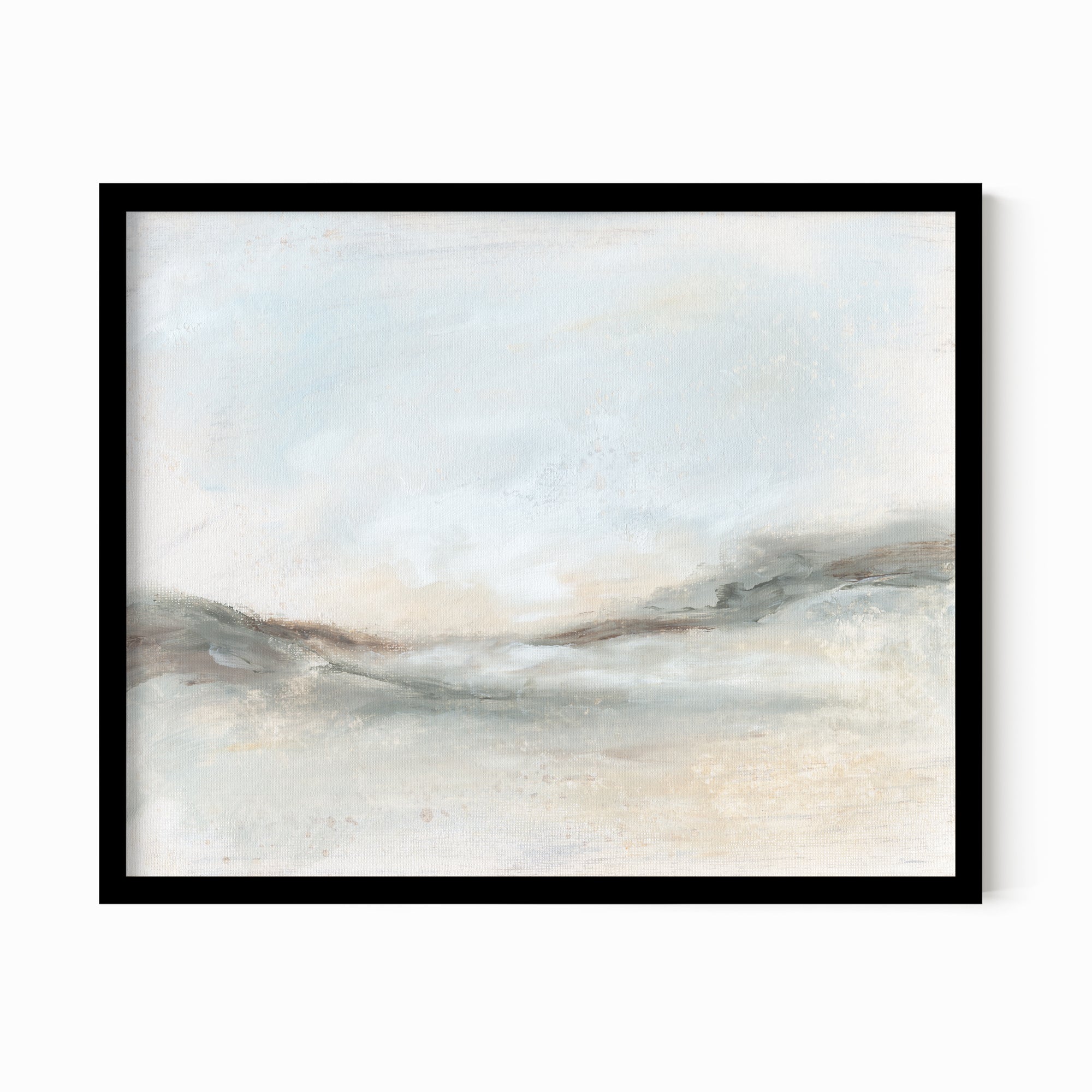 Bask - soft muted abstract landscape original painting fine are print in green, blue, beige, brown and white; framed in black oak by NLS Design