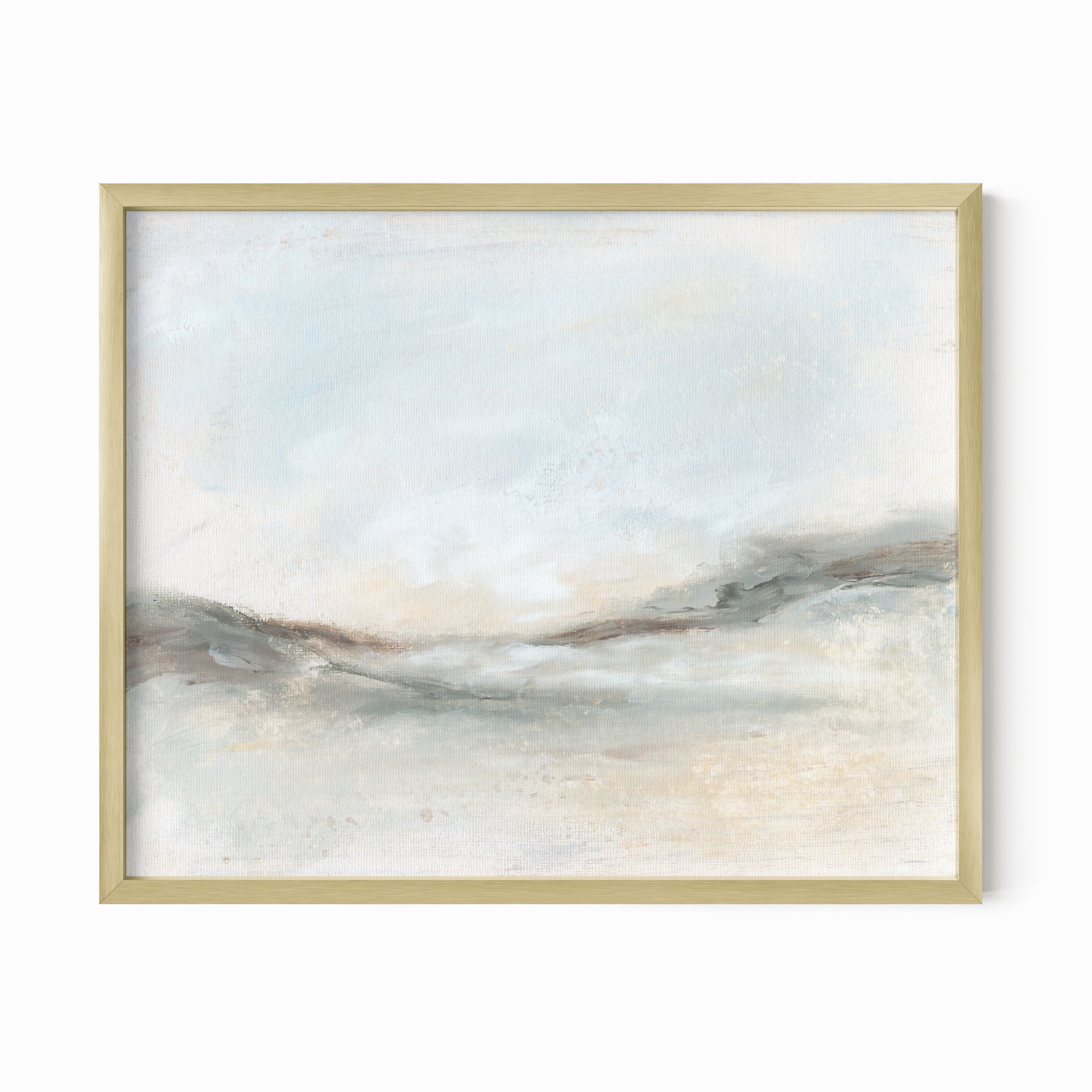 Bask - soft muted abstract landscape original painting fine are print in green, blue, beige, brown and white; framed in gold metal by NLS Design