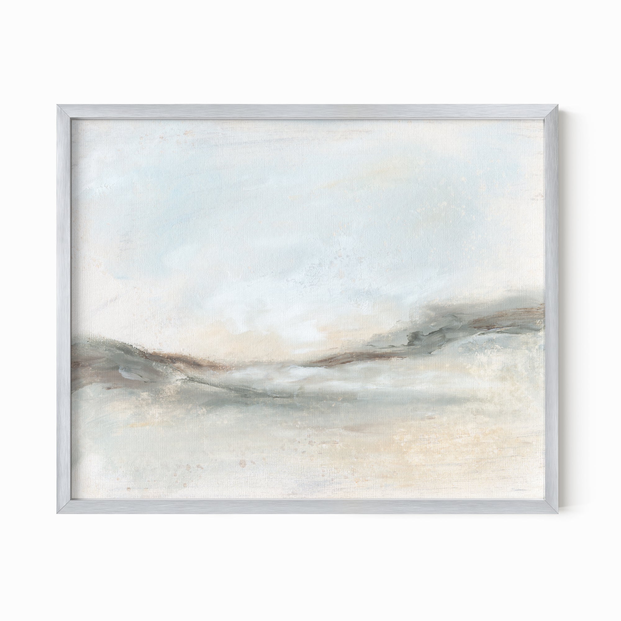 Bask - soft muted abstract landscape original painting fine are print in green, blue, beige, brown and white; framed in silver metal by NLS Design
