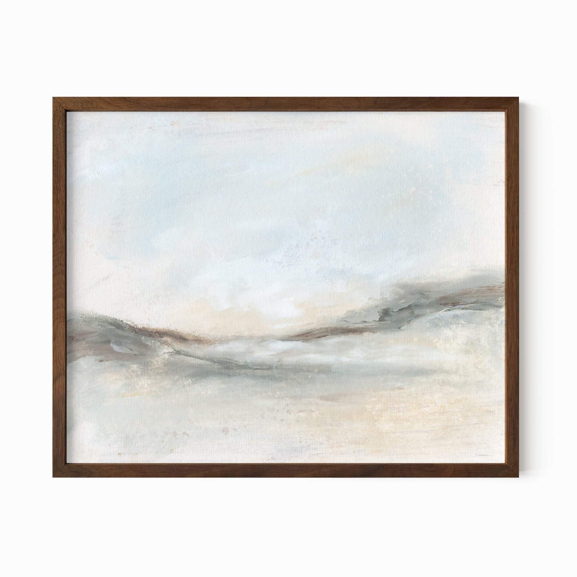 Bask - soft muted abstract landscape original painting fine are print in green, blue, beige, brown and white; framed in walnut stain oak by NLS Design