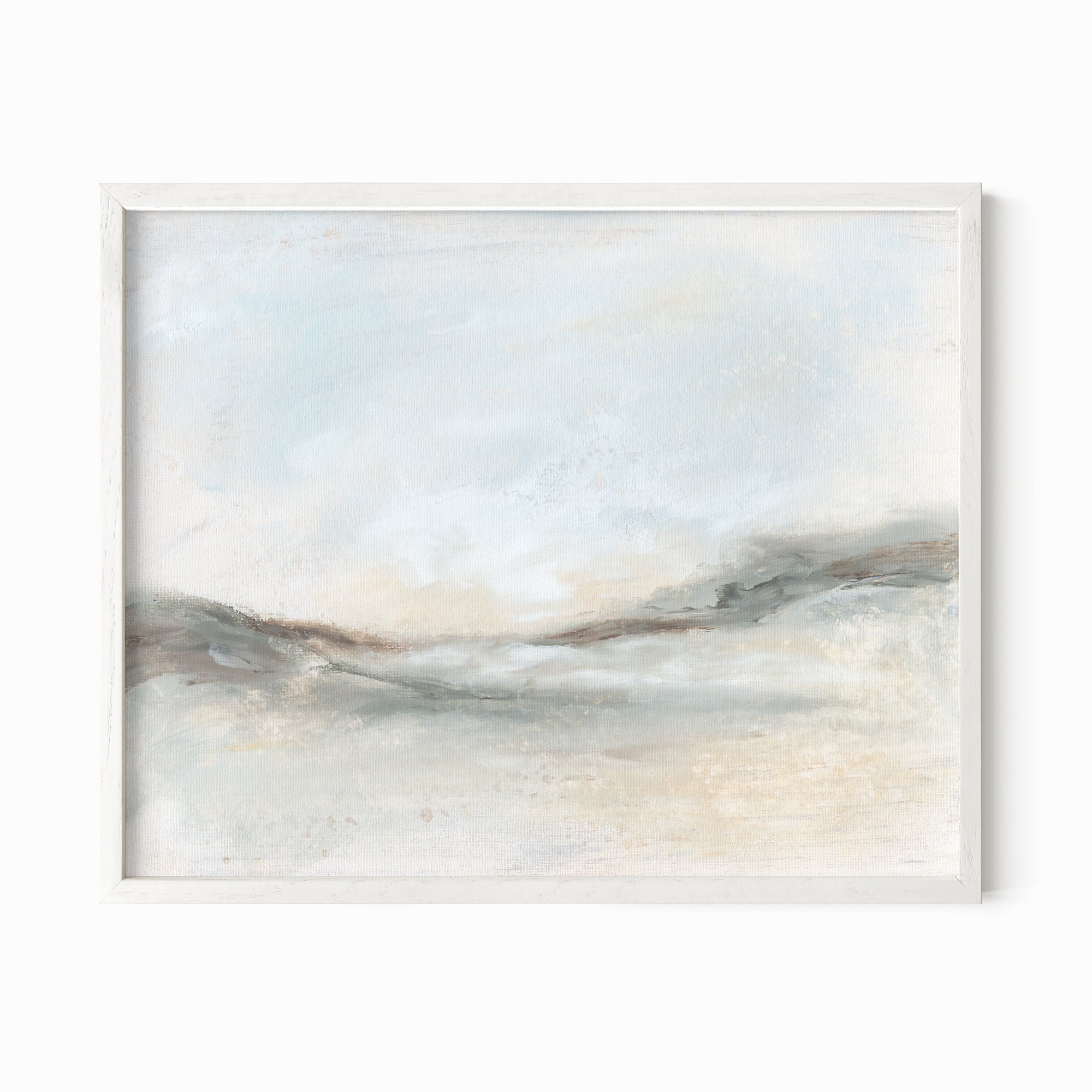 Bask - soft muted abstract landscape original painting fine are print in green, blue, beige, brown and white; framed in white oak by NLS Design