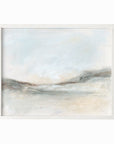 Bask - soft muted abstract landscape original painting fine are print in green, blue, beige, brown and white; framed in white oak by NLS Design