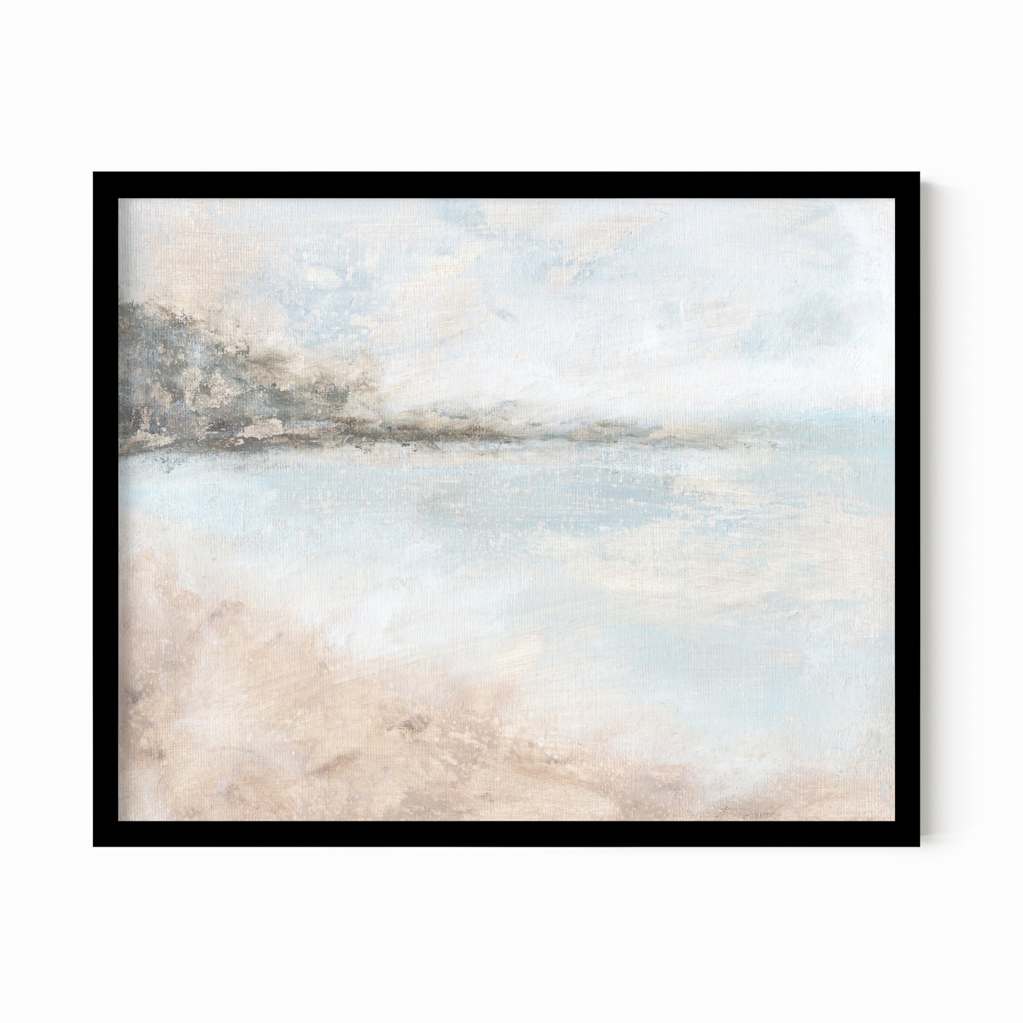 Belong - abstract lake beach coastal landscape original painting fine are print in white, light gray, light blue, brown, beige, muted sage green, taupe, tan, cream; framed in black oak by NLS Design. Large neutral wall art for living rooms, bedrooms, entryways, offices, bathrooms, and above sofas and beds. Modern coastal minimalistic open airy soft design. Artwork by NLS Design, nlsdesignllc.com. Real art by a real artist - NO AI. Magnolia, McGee and Co., Crate and Barrel, Serena &amp; Lily, Pottery Barn dupe