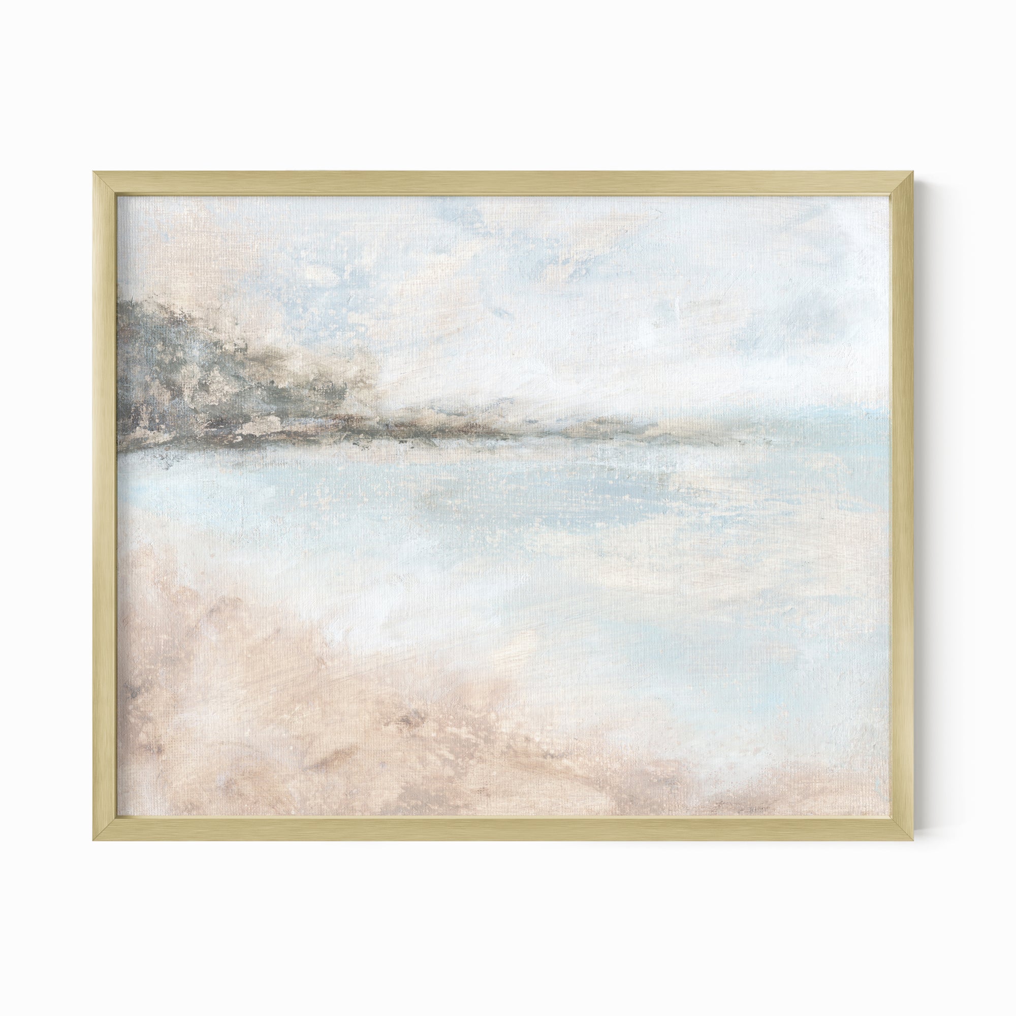 Belong - abstract lake beach coastal landscape original painting fine are print in white, light gray, light blue, brown, beige, muted sage green, taupe, tan, cream; framed in gold metal by NLS Design. Large neutral wall art for living rooms, bedrooms, entryways, offices, bathrooms, and above sofas and beds. Modern coastal minimalistic open airy soft design. Artwork by NLS Design, nlsdesignllc.com. Real art by a real artist - NO AI. Magnolia, McGee and Co., Crate and Barrel, Serena &amp; Lily, Pottery Barn dupe
