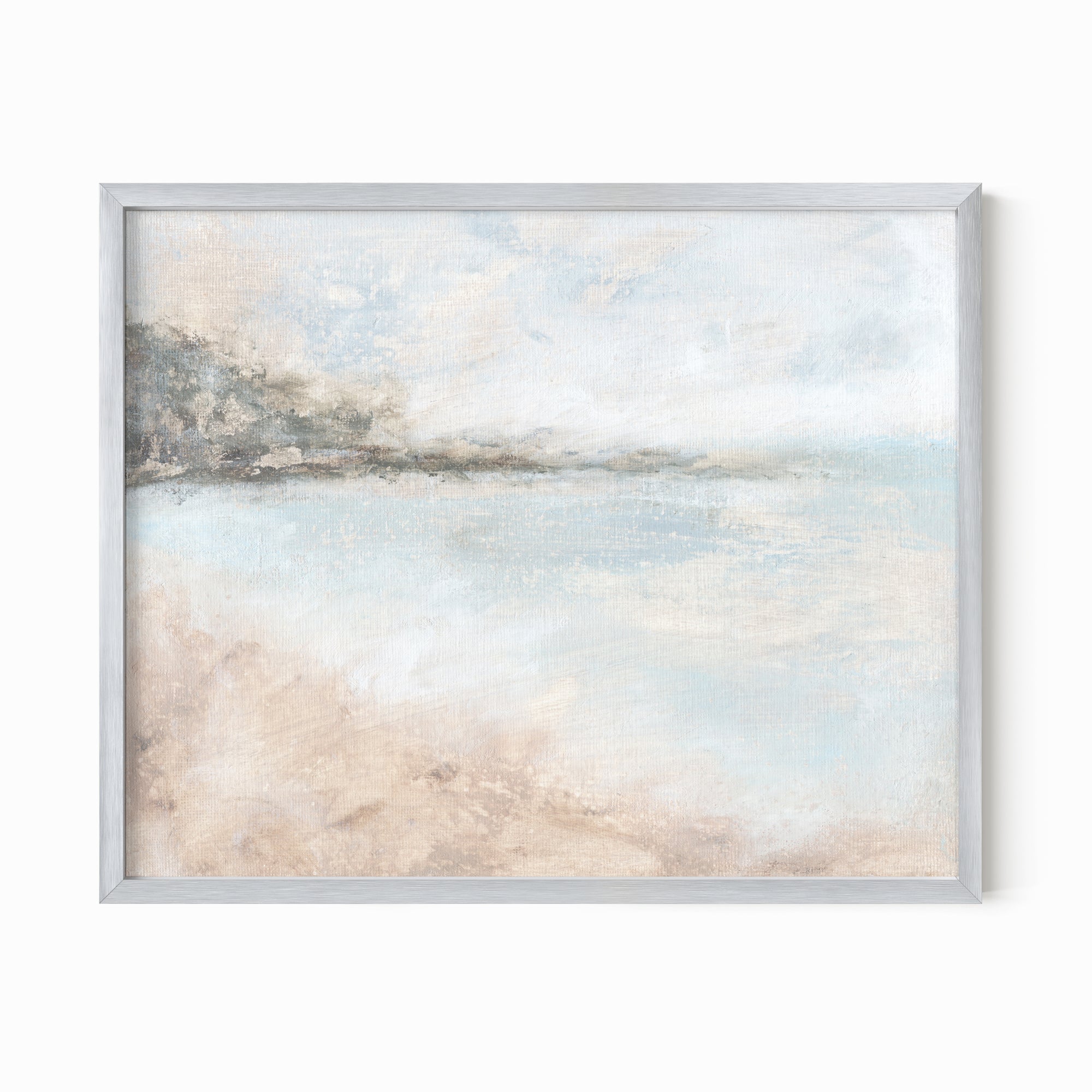 Belong - abstract lake beach coastal landscape original painting fine are print in white, light gray, light blue, brown, beige, muted sage green, taupe, tan; framed in silver metal by NLS Design. Large neutral wall art for living rooms, bedrooms, entryways, offices, bathrooms, and above sofas and beds. Modern coastal minimalistic open airy soft design. Artwork by NLS Design, nlsdesignllc.com. Real art by a real artist - NO AI. Magnolia, McGee and Co., Crate and Barrel, Serena &amp; Lily, Pottery Barn dupe