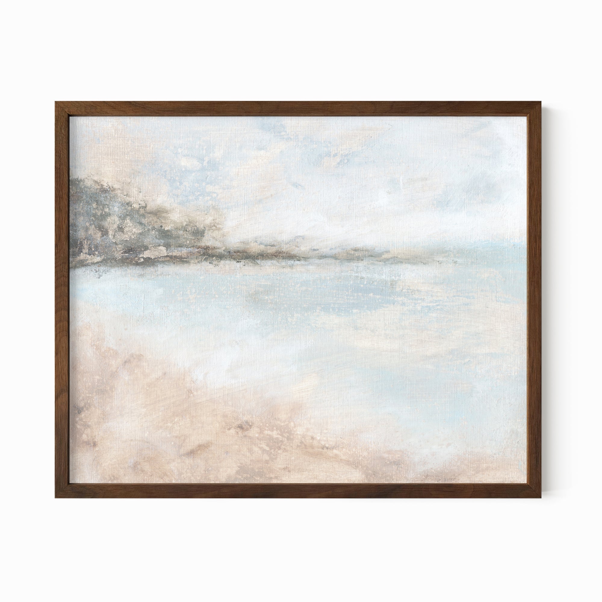 Belong - abstract lake beach coastal landscape original painting fine are print in white, light gray, light blue, brown, beige, muted sage green, taupe, tan, cream; framed in walnut oak by NLS Design. Large neutral wall art for living rooms, bedrooms, entryways, offices, bathrooms, and above sofas and beds. Modern coastal minimalistic open airy soft design. Artwork by NLS Design, nlsdesignllc.com. Real art by a real artist - NO AI. Magnolia, McGee and Co., Crate and Barrel, Serena &amp; Lily, Pottery Barn dupe