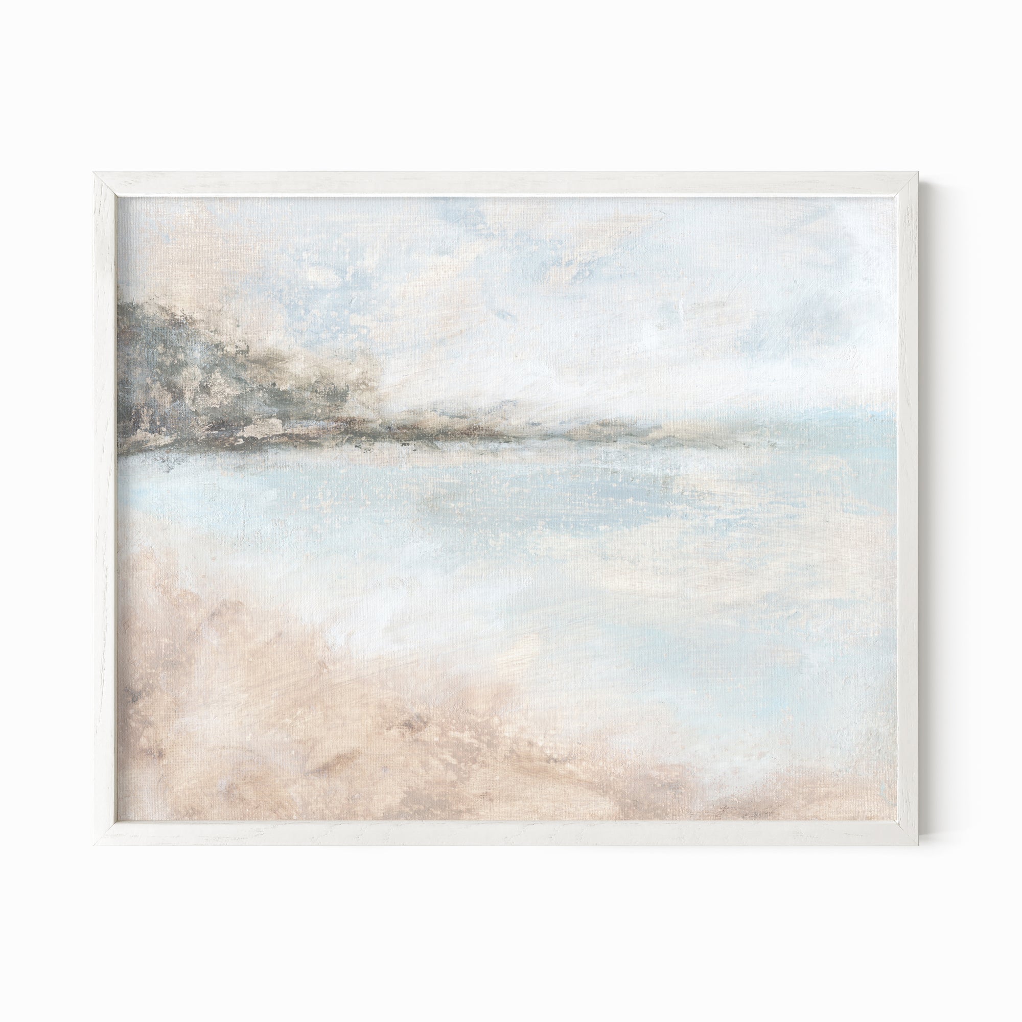 Belong - abstract lake beach coastal landscape original painting fine are print in white, light gray, light blue, brown, beige, muted sage green, taupe, tan, cream; framed in white oak by NLS Design. Large neutral wall art for living rooms, bedrooms, entryways, offices, bathrooms, and above sofas and beds. Modern coastal minimalistic open airy soft design. Artwork by NLS Design, nlsdesignllc.com. Real art by a real artist - NO AI. Magnolia, McGee and Co., Crate and Barrel, Serena &amp; Lily, Pottery Barn dupe