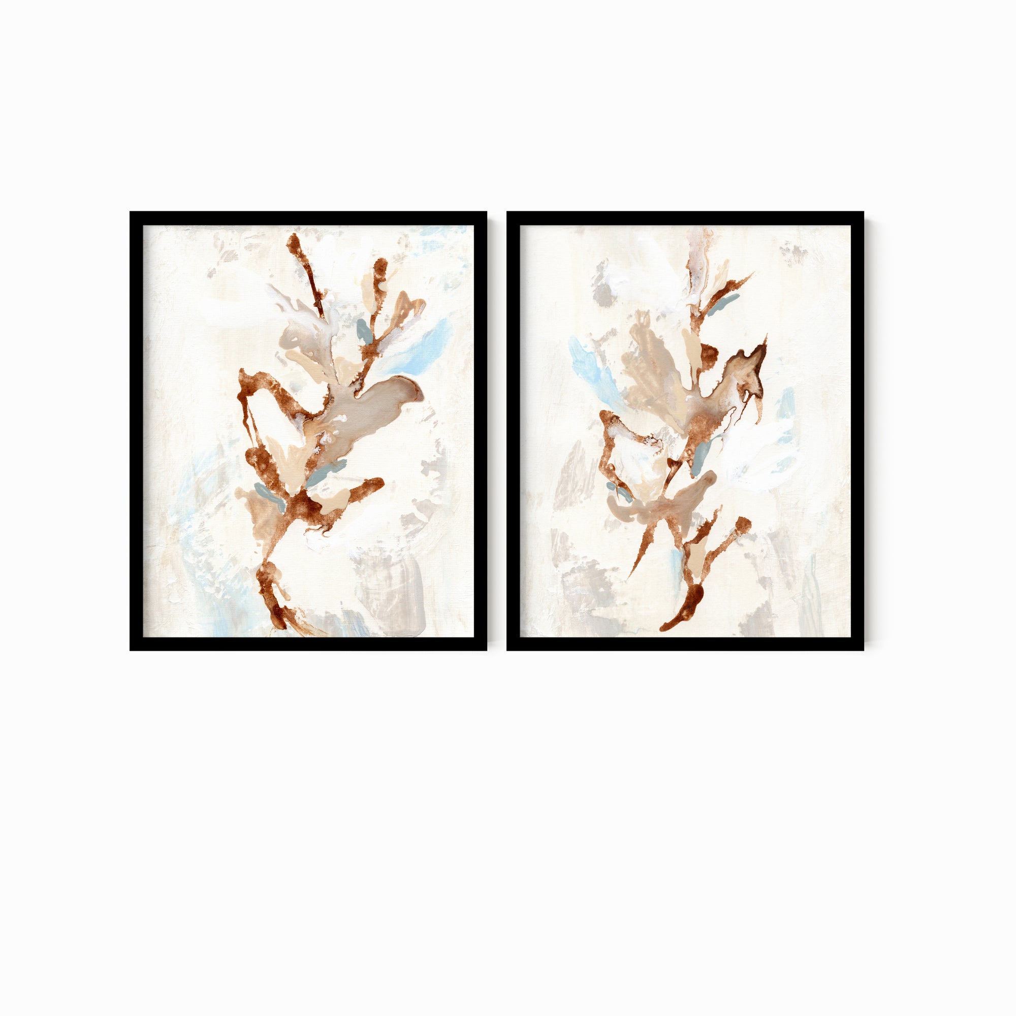 Set of 2 Bloomrise - abstract floral gallery wall art set of 2 original painting fine are print in beige, brown, teal, light blue, cream, gray, cognac and white; framed in black oak by NLS Design. Large neutral wall art for living rooms, bedrooms, entryways, offices, bathrooms, and above sofas and beds. nlsdesignllc.com 