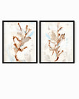Set of 2 Bloomrise - abstract floral gallery wall art set of 2 original painting fine are print in beige, brown, teal, light blue, cream, gray, cognac and white; framed in black oak by NLS Design. Large neutral wall art for living rooms, bedrooms, entryways, offices, bathrooms, and above sofas and beds. nlsdesignllc.com 