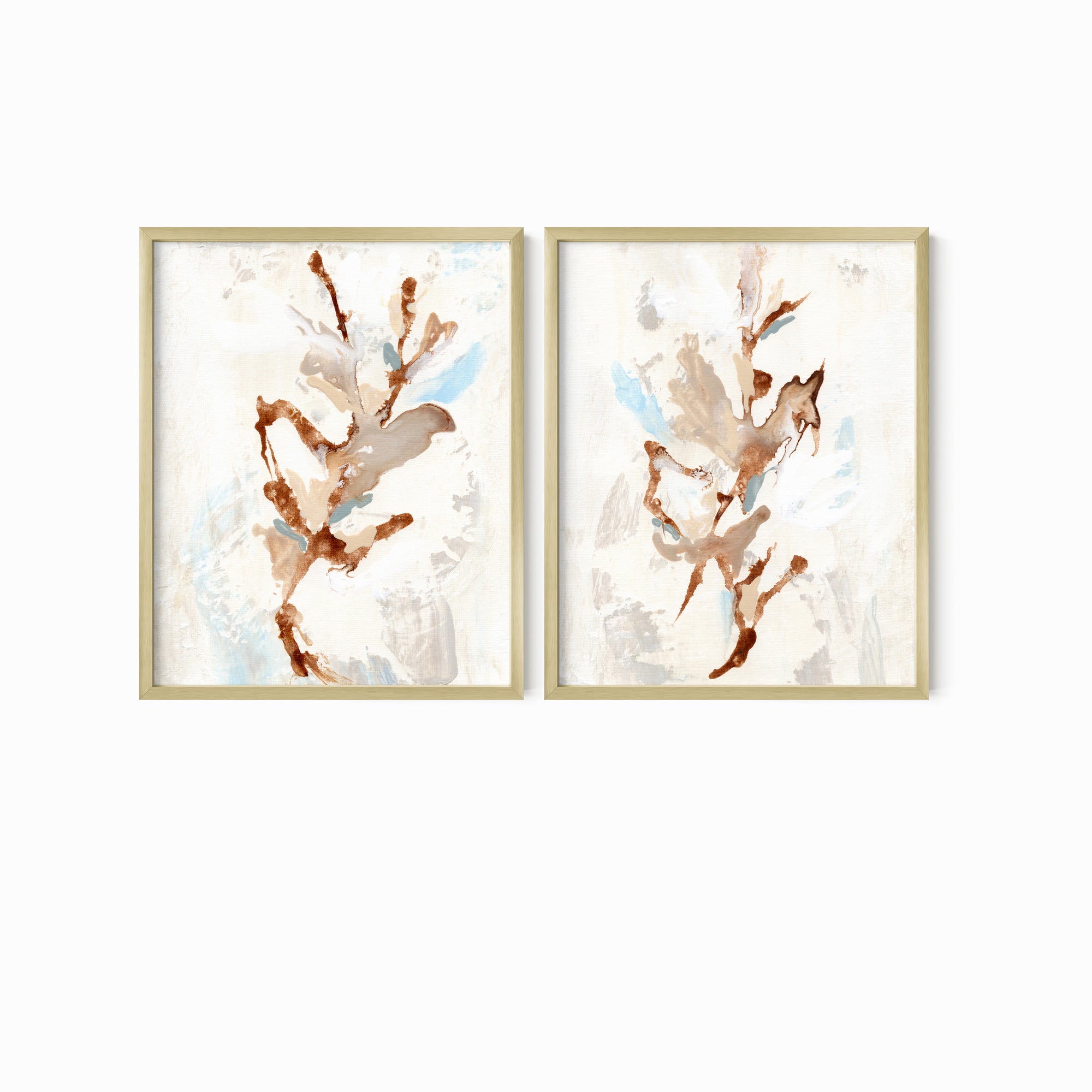 Set of 2 Bloomrise - abstract floral gallery wall art set of 2 original painting fine are print in beige, brown, teal, light blue, cream, gray, cognac and white; framed in gold metal by NLS Design. Large neutral wall art for living rooms, bedrooms, entryways, offices, bathrooms, and above sofas and beds. nlsdesignllc.com