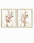 Set of 2 Bloomrise - abstract floral gallery wall art set of 2 original painting fine are print in beige, brown, teal, light blue, cream, gray, cognac and white; framed in gold metal by NLS Design. Large neutral wall art for living rooms, bedrooms, entryways, offices, bathrooms, and above sofas and beds. nlsdesignllc.com