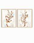 Set of 2 Bloomrise - abstract floral gallery wall art set of 2 original painting fine are print in beige, brown, teal, light blue, cream, gray, cognac and white; framed in natural oak by NLS Design. Large neutral wall art for living rooms, bedrooms, entryways, offices, bathrooms, and above sofas and beds. nlsdesignllc.com