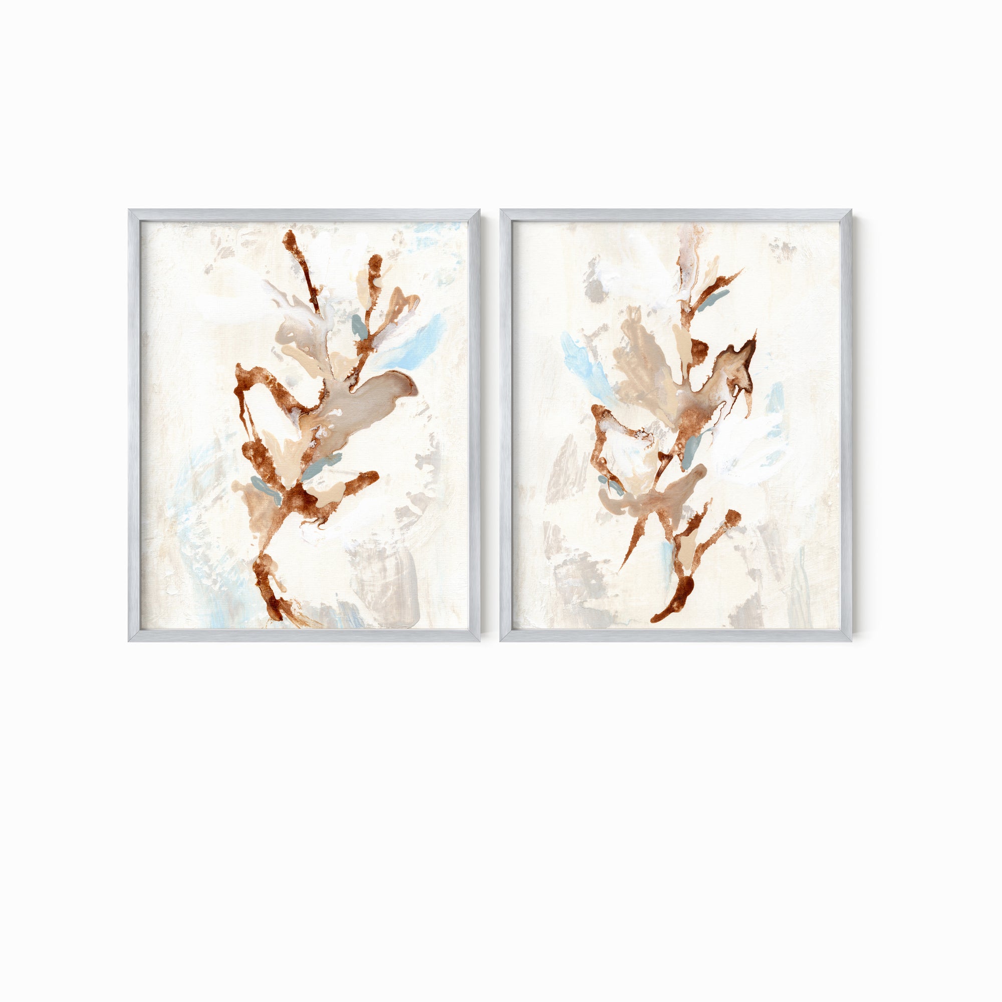 Set of 2 Bloomrise - abstract floral gallery wall art set of 2 original painting fine are print in beige, brown, teal, light blue, cream, gray, cognac and white; framed in silver metal by NLS Design. Large neutral wall art for living rooms, bedrooms, entryways, offices, bathrooms, and above sofas and beds. nlsdesignllc.com