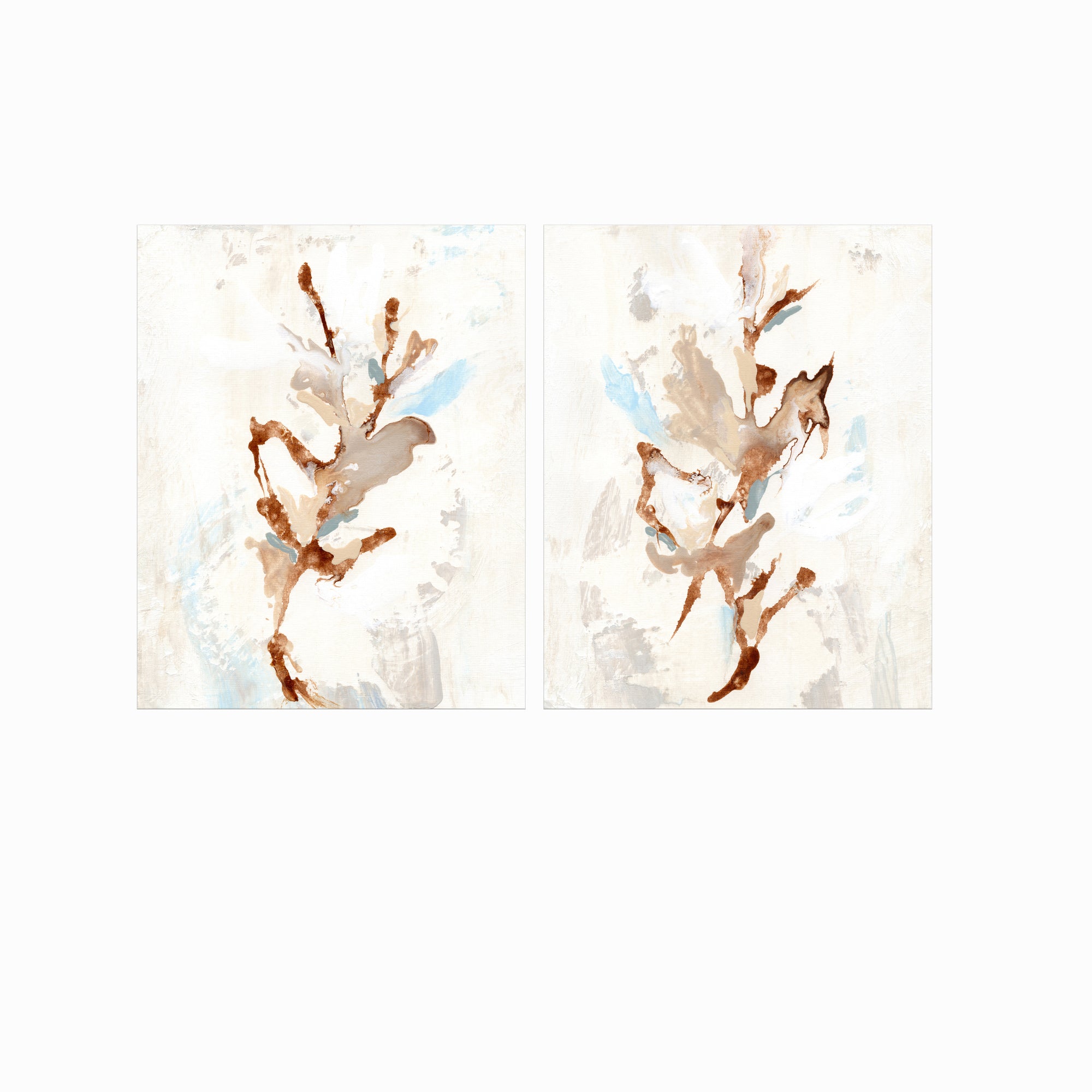 Set of 2 Bloomrise - abstract floral gallery wall art set of 2 original painting fine are print in beige, brown, teal, light blue, cream, gray, cognac and white; unframed by NLS Design. Large neutral wall art for living rooms, bedrooms, entryways, offices, bathrooms, and above sofas and beds. nlsdesignllc.com