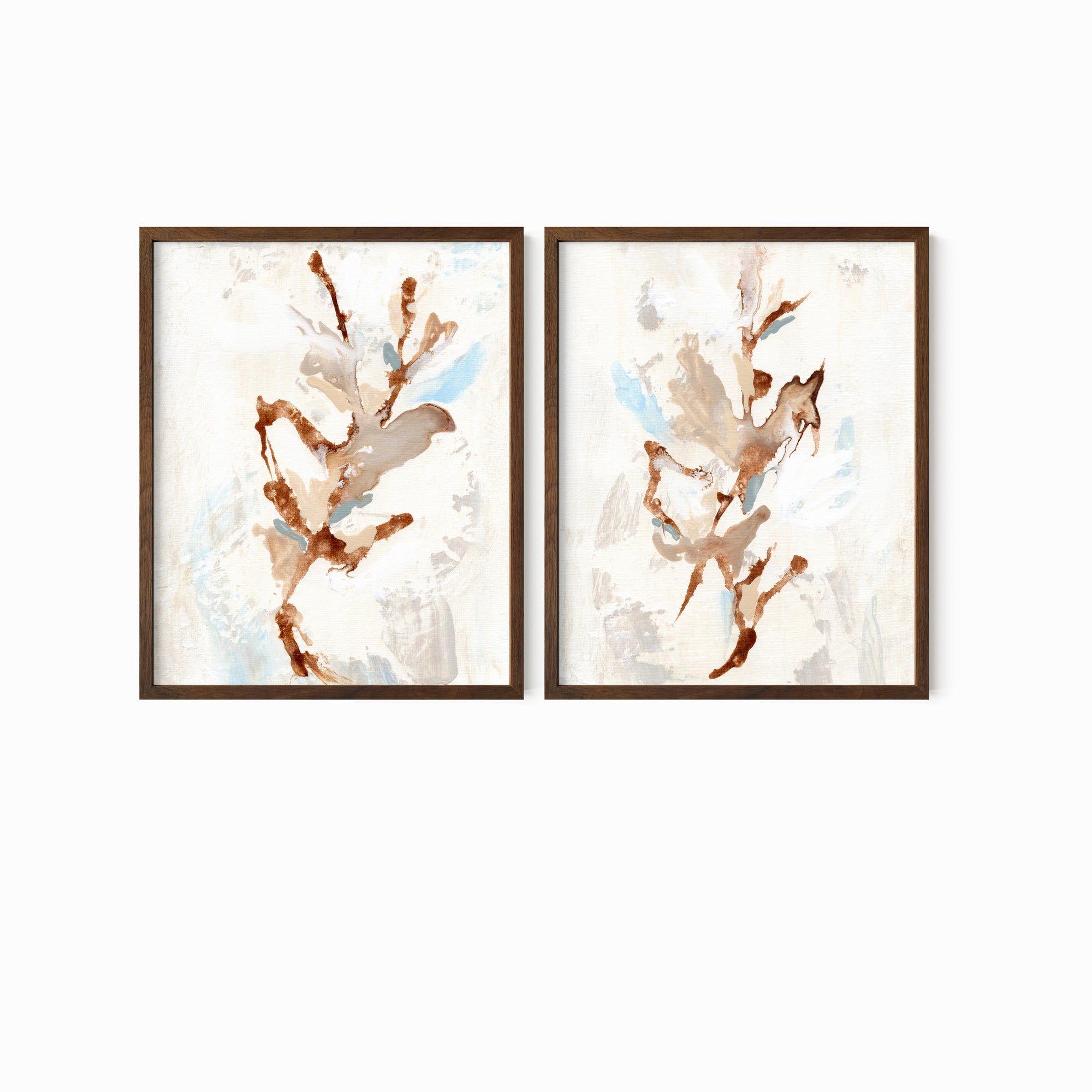 Set of 2 Bloomrise - abstract floral gallery wall art set of 2 original painting fine are print in beige, brown, teal, light blue, cream, gray, cognac and white; framed in walnut oak by NLS Design. Large neutral wall art for living rooms, bedrooms, entryways, offices, bathrooms, and above sofas and beds. nlsdesignllc.com