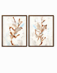 Set of 2 Bloomrise - abstract floral gallery wall art set of 2 original painting fine are print in beige, brown, teal, light blue, cream, gray, cognac and white; framed in walnut oak by NLS Design. Large neutral wall art for living rooms, bedrooms, entryways, offices, bathrooms, and above sofas and beds. nlsdesignllc.com