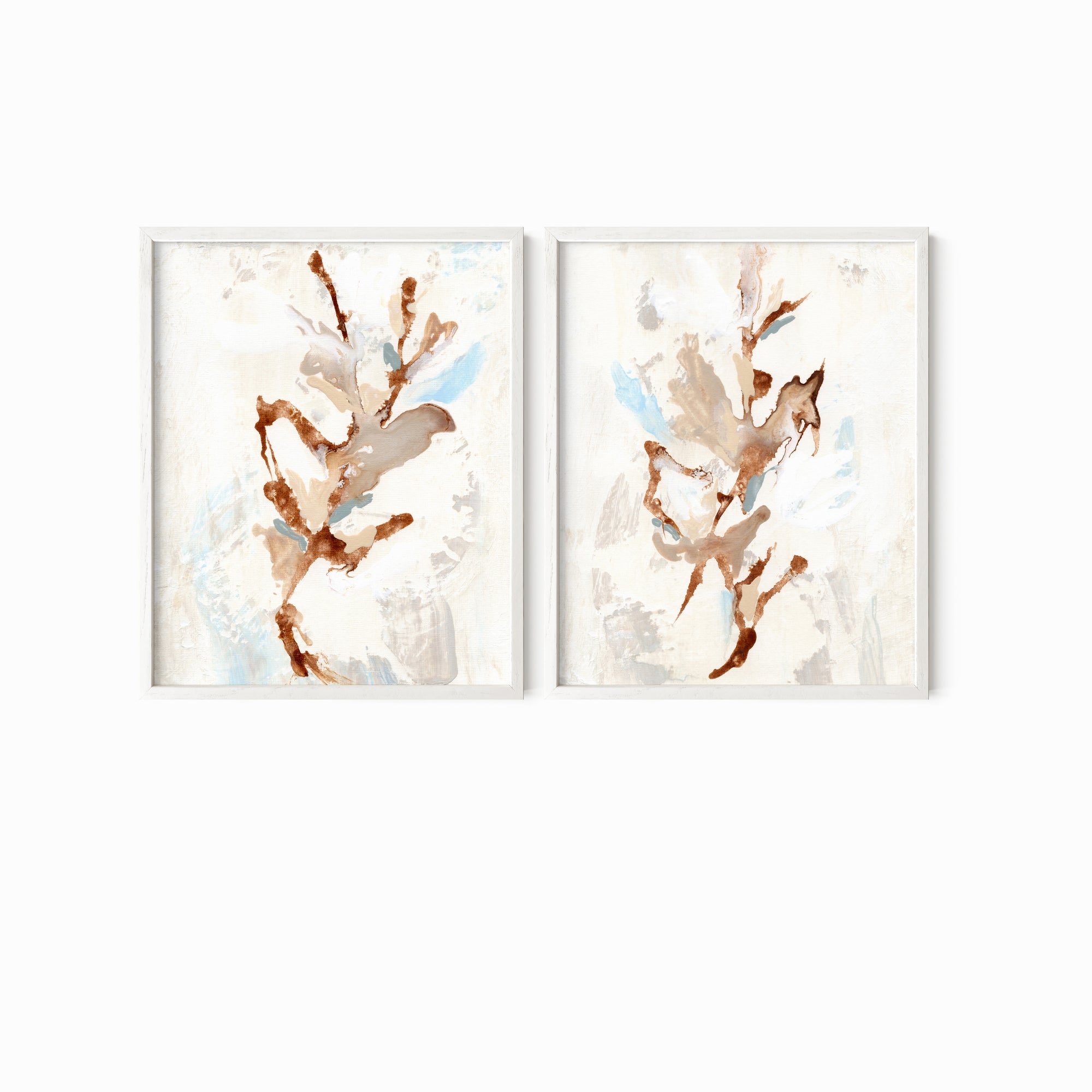 Set of 2 Bloomrise - abstract floral gallery wall art set of 2 original painting fine are print in beige, brown, teal, light blue, cream, gray, cognac and white; framed in white oak by NLS Design. Large neutral wall art for living rooms, bedrooms, entryways, offices, bathrooms, and above sofas and beds. nlsdesignllc.com