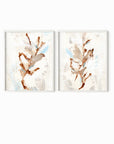 Set of 2 Bloomrise - abstract floral gallery wall art set of 2 original painting fine are print in beige, brown, teal, light blue, cream, gray, cognac and white; framed in white oak by NLS Design. Large neutral wall art for living rooms, bedrooms, entryways, offices, bathrooms, and above sofas and beds. nlsdesignllc.com