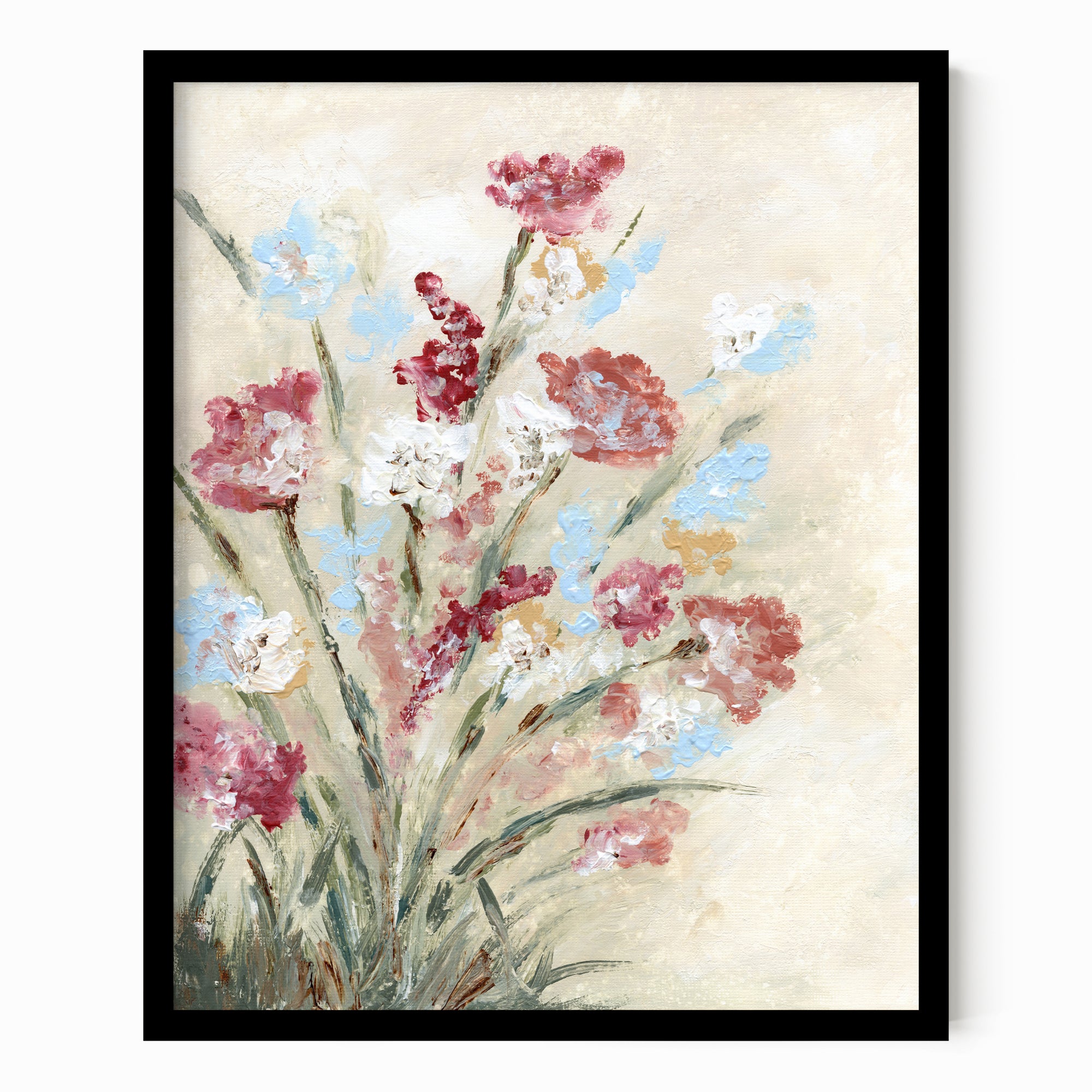 Calia - warm neutral floral painting art print combining beige and cream with earthy greens, brown, ruby red, light blue, dusty mauve pink, golden yellow, terra cotta, and white; framed in black oak by NLS Design. Large neutral wall art for living rooms, bedrooms, entryways, offices, and above the couch and bed. Modern farmhouse, cottage, rustic impressionistic, country, flowers. Pottery Barn, Serena &amp; Lily, Magnolia, Crate &amp; Barrel, and McGee style. Real art by a real artist - NO AI. nlsdesignllc.com