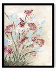 Calia - warm neutral floral painting art print combining beige and cream with earthy greens, brown, ruby red, light blue, dusty mauve pink, golden yellow, terra cotta, and white; framed in black oak by NLS Design. Large neutral wall art for living rooms, bedrooms, entryways, offices, and above the couch and bed. Modern farmhouse, cottage, rustic impressionistic, country, flowers. Pottery Barn, Serena & Lily, Magnolia, Crate & Barrel, and McGee style. Real art by a real artist - NO AI. nlsdesignllc.com