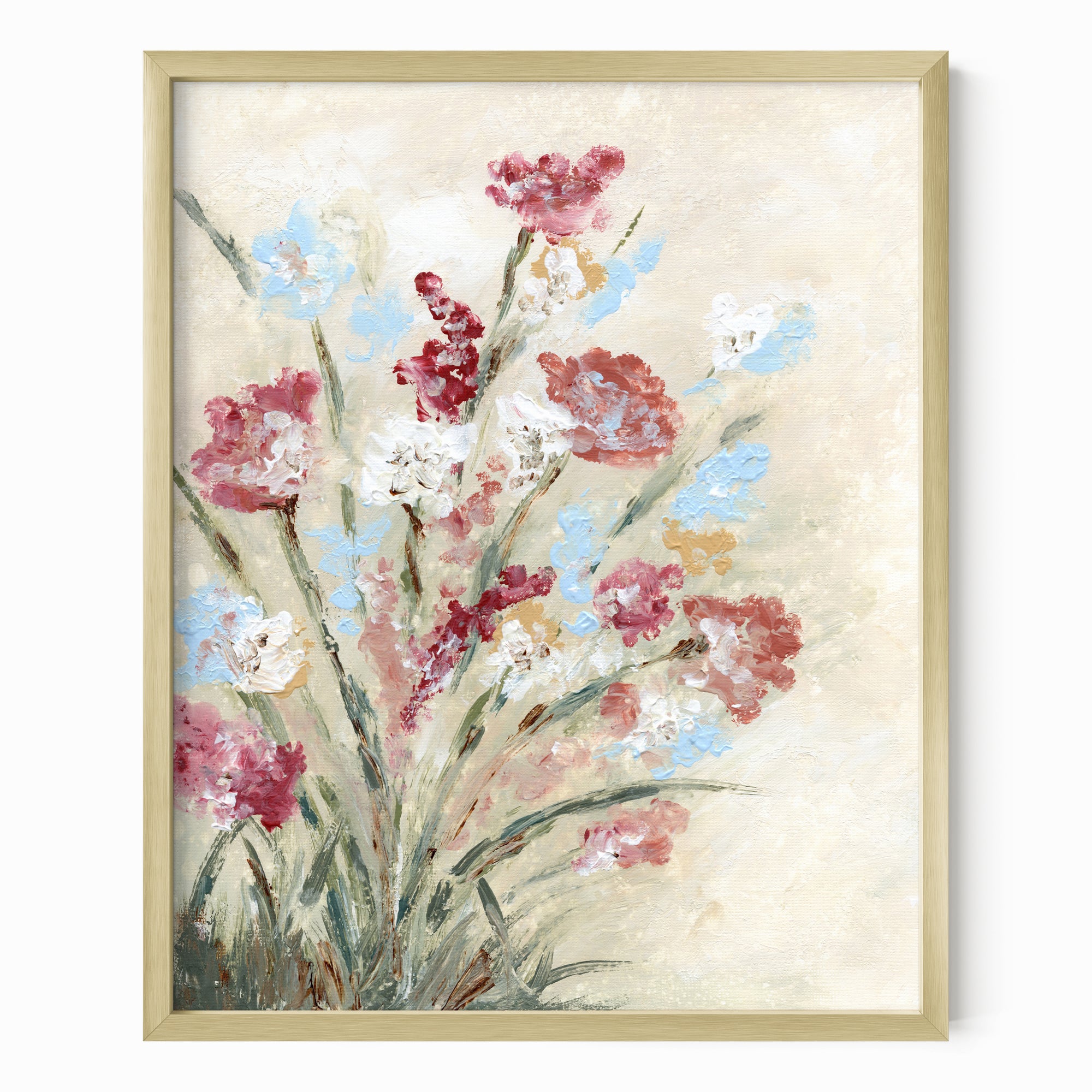 Calia - warm neutral floral painting art print combining beige and cream with earthy greens, brown, ruby red, light blue, dusty mauve pink, golden yellow, terra cotta, and white; framed in gold metal by NLS Design. Large neutral wall art for living rooms, bedrooms, entryways, offices, and above the couch and bed. Modern farmhouse, cottage, rustic impressionistic, country, flowers. Pottery Barn, Serena &amp; Lily, Magnolia, Crate &amp; Barrel, and McGee style. Real art by a real artist - NO AI. nlsdesignllc.com