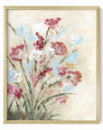 Calia - warm neutral floral painting art print combining beige and cream with earthy greens, brown, ruby red, light blue, dusty mauve pink, golden yellow, terra cotta, and white; framed in gold metal by NLS Design. Large neutral wall art for living rooms, bedrooms, entryways, offices, and above the couch and bed. Modern farmhouse, cottage, rustic impressionistic, country, flowers. Pottery Barn, Serena & Lily, Magnolia, Crate & Barrel, and McGee style. Real art by a real artist - NO AI. nlsdesignllc.com
