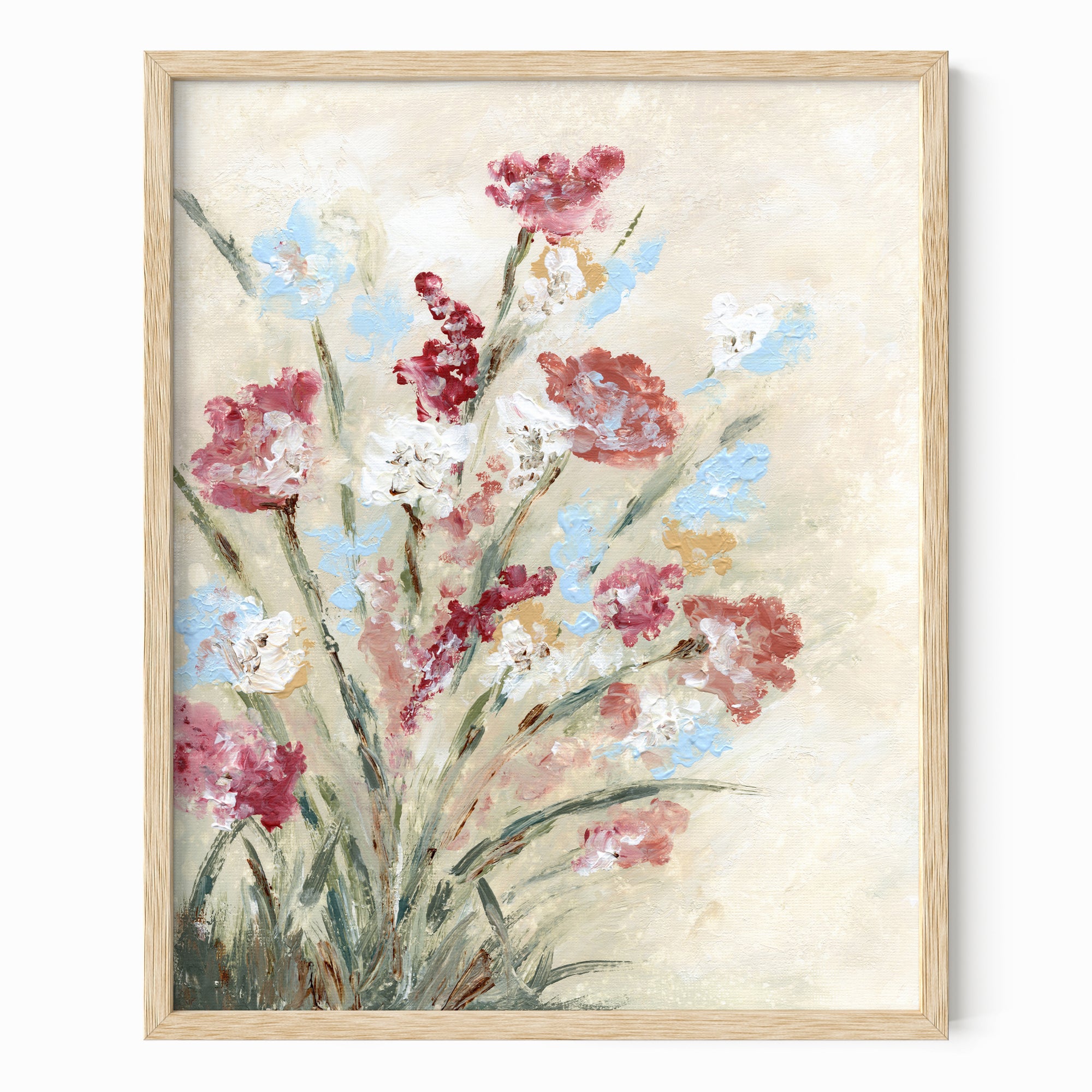 Calia - warm neutral floral painting art print combining beige and cream with earthy greens, brown, ruby red, light blue, dusty mauve pink, golden yellow, terra cotta, and white; framed in natural oak by NLS Design. Large neutral wall art for living rooms, bedrooms, entryways, offices, and above the couch and bed. Modern farmhouse, cottage, rustic impressionistic, country, flowers. Pottery Barn, Serena & Lily, Magnolia, Crate & Barrel, and McGee style. Real art by a real artist - NO AI. nlsdesignllc.com