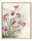 Calia - warm neutral floral painting art print combining beige and cream with earthy greens, brown, ruby red, light blue, dusty mauve pink, golden yellow, terra cotta, and white; framed in natural oak by NLS Design. Large neutral wall art for living rooms, bedrooms, entryways, offices, and above the couch and bed. Modern farmhouse, cottage, rustic impressionistic, country, flowers. Pottery Barn, Serena & Lily, Magnolia, Crate & Barrel, and McGee style. Real art by a real artist - NO AI. nlsdesignllc.com