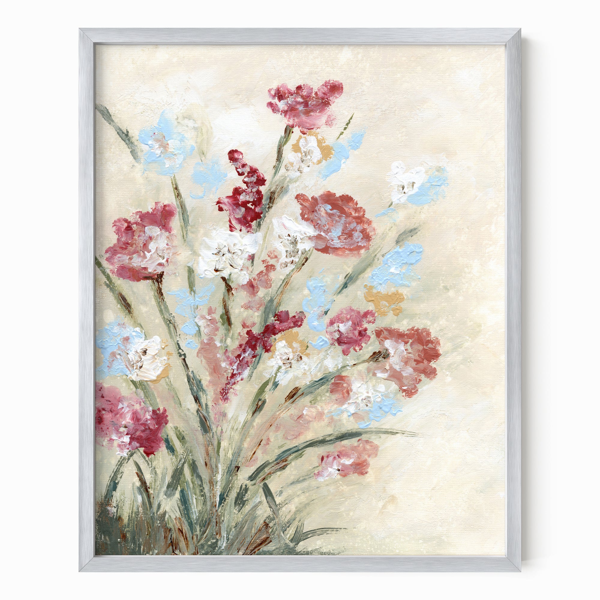 Calia - warm neutral floral painting art print combining beige and cream with earthy greens, brown, ruby red, light blue, dusty mauve pink, golden yellow, terra cotta, and white; framed in silver metal by NLS Design. Large neutral wall art for living rooms, bedrooms, entryways, offices, and above the couch and bed. Modern farmhouse, cottage, rustic impressionistic, country, flowers. Pottery Barn, Serena &amp; Lily, Magnolia, Crate &amp; Barrel, and McGee style. Real art by a real artist - NO AI. nlsdesignllc.com