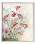 Calia - warm neutral floral painting art print combining beige and cream with earthy greens, brown, ruby red, light blue, dusty mauve pink, golden yellow, terra cotta, and white; framed in silver metal by NLS Design. Large neutral wall art for living rooms, bedrooms, entryways, offices, and above the couch and bed. Modern farmhouse, cottage, rustic impressionistic, country, flowers. Pottery Barn, Serena & Lily, Magnolia, Crate & Barrel, and McGee style. Real art by a real artist - NO AI. nlsdesignllc.com