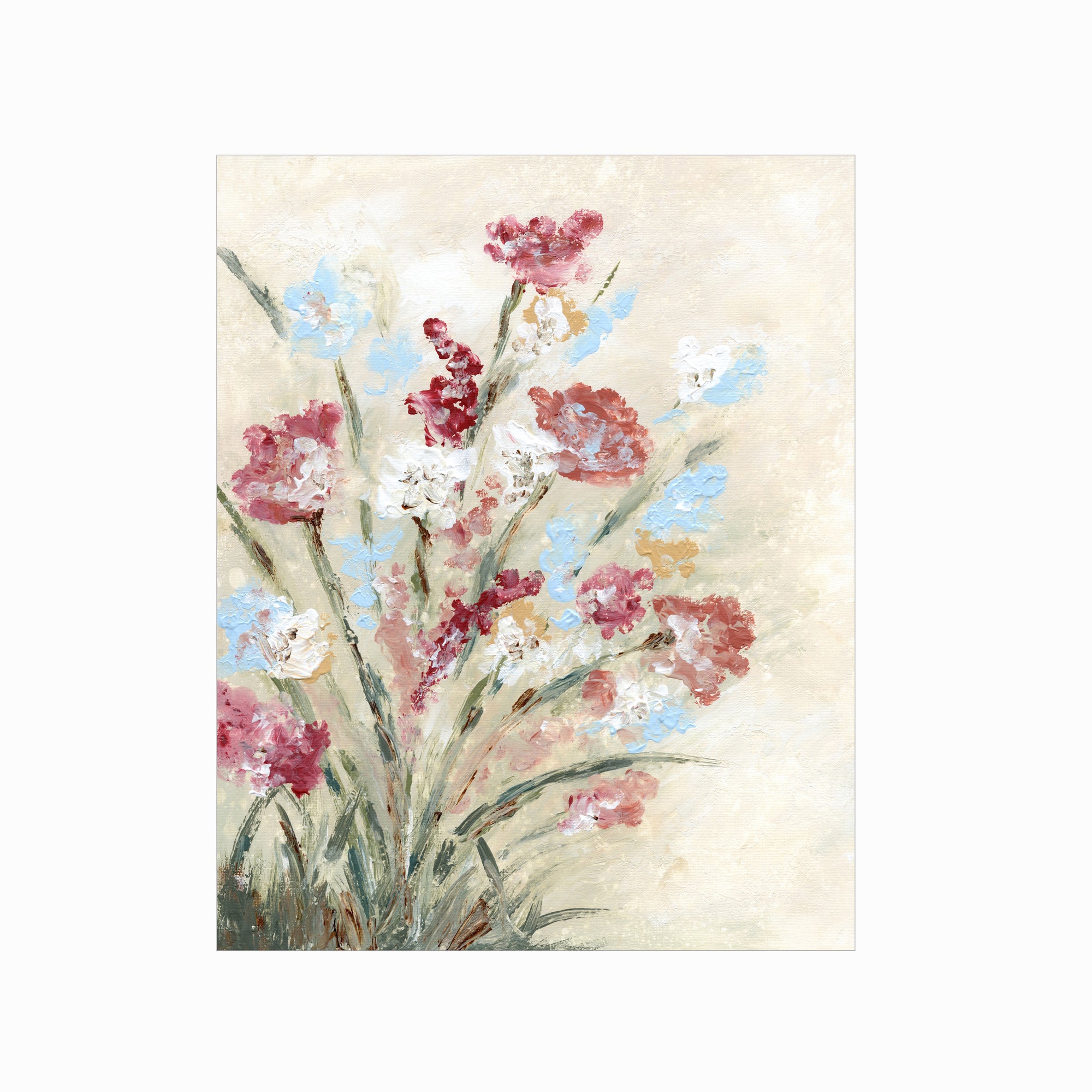 Calia - warm neutral floral painting art print combining beige and cream with earthy greens, brown, ruby red, light blue, dusty mauve pink, golden yellow, terra cotta, and white; unframed by NLS Design. Large neutral wall art for living rooms, bedrooms, entryways, offices, bathrooms, and above the couch and bed. Modern farmhouse, cottage, rustic impressionistic, country, flowers. Pottery Barn dupe, Serena & Lily, Magnolia, Crate & Barrel, and McGee style. Real art by a real artist - NO AI. nlsdesignllc.com