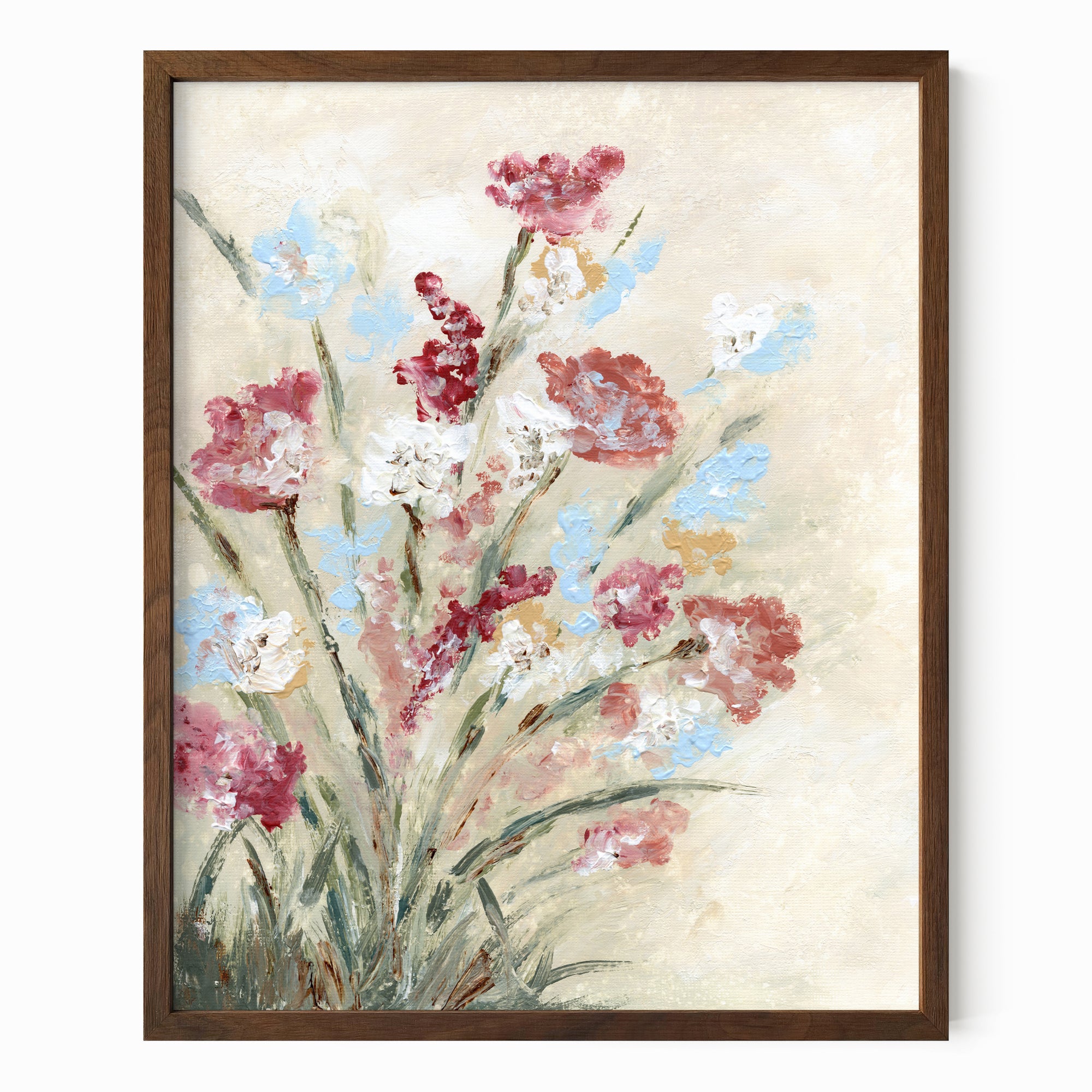 Calia - warm neutral floral painting art print combining beige and cream with earthy greens, brown, ruby red, light blue, dusty mauve pink, golden yellow, terra cotta, and white; framed in walnut oak by NLS Design. Large neutral wall art for living rooms, bedrooms, entryways, offices, and above the couch and bed. Modern farmhouse, cottage, rustic impressionistic, country, flowers. Pottery Barn, Serena &amp; Lily, Magnolia, Crate &amp; Barrel, and McGee style. Real art by a real artist - NO AI. nlsdesignllc.com