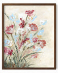 Calia - warm neutral floral painting art print combining beige and cream with earthy greens, brown, ruby red, light blue, dusty mauve pink, golden yellow, terra cotta, and white; framed in walnut oak by NLS Design. Large neutral wall art for living rooms, bedrooms, entryways, offices, and above the couch and bed. Modern farmhouse, cottage, rustic impressionistic, country, flowers. Pottery Barn, Serena & Lily, Magnolia, Crate & Barrel, and McGee style. Real art by a real artist - NO AI. nlsdesignllc.com