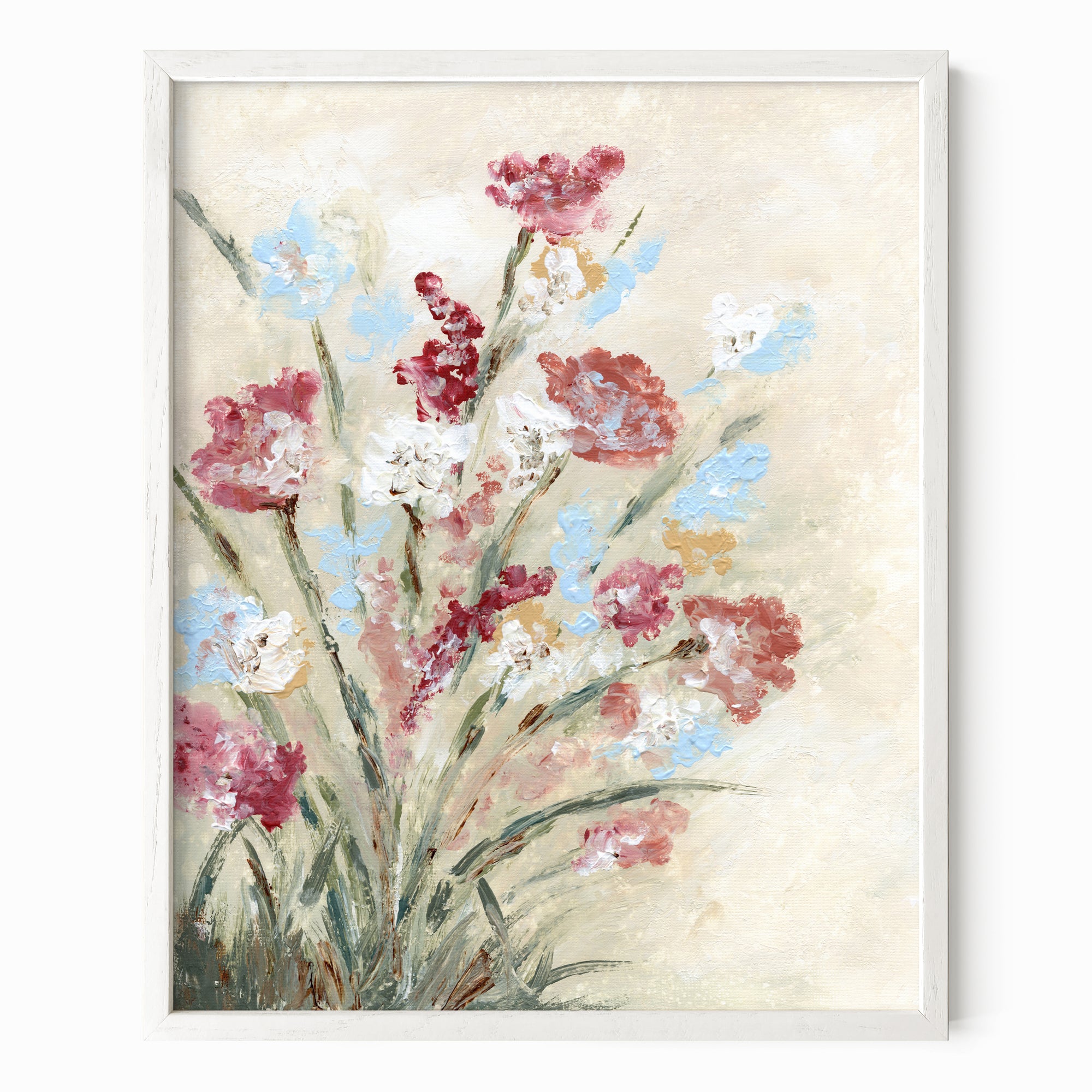 Calia - warm neutral floral painting art print combining beige and cream with earthy greens, brown, ruby red, light blue, dusty mauve pink, golden yellow, terra cotta, and white; framed in white oak by NLS Design. Large neutral wall art for living rooms, bedrooms, entryways, offices, and above the couch and bed. Modern farmhouse, cottage, rustic impressionistic, country, flowers. Pottery Barn, Serena &amp; Lily, Magnolia, Crate &amp; Barrel, and McGee style. Real art by a real artist - NO AI. nlsdesignllc.com