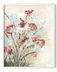 Calia - warm neutral floral painting art print combining beige and cream with earthy greens, brown, ruby red, light blue, dusty mauve pink, golden yellow, terra cotta, and white; framed in white oak by NLS Design. Large neutral wall art for living rooms, bedrooms, entryways, offices, and above the couch and bed. Modern farmhouse, cottage, rustic impressionistic, country, flowers. Pottery Barn, Serena & Lily, Magnolia, Crate & Barrel, and McGee style. Real art by a real artist - NO AI. nlsdesignllc.com