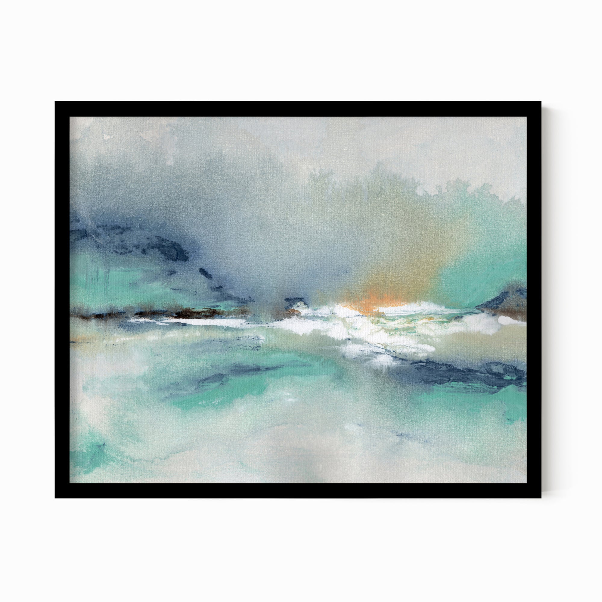 Crossing - abstract beach coastal landscape original painting fine are print in slate blue, navy, gray, charcoal, black, coral, white, teal; framed in black oak by NLS Design. Large vibrant wall art for living rooms, bedrooms, entryways, offices, bathrooms, and above sofas and beds. Modern coastal minimalistic bold expressive design. Artwork by NLS Design, nlsdesignllc.com. Real art by a real artist - NO AI. Magnolia, McGee and Co., Crate and Barrel, Serena &amp; Lily, Pottery Barn dupe/look alike