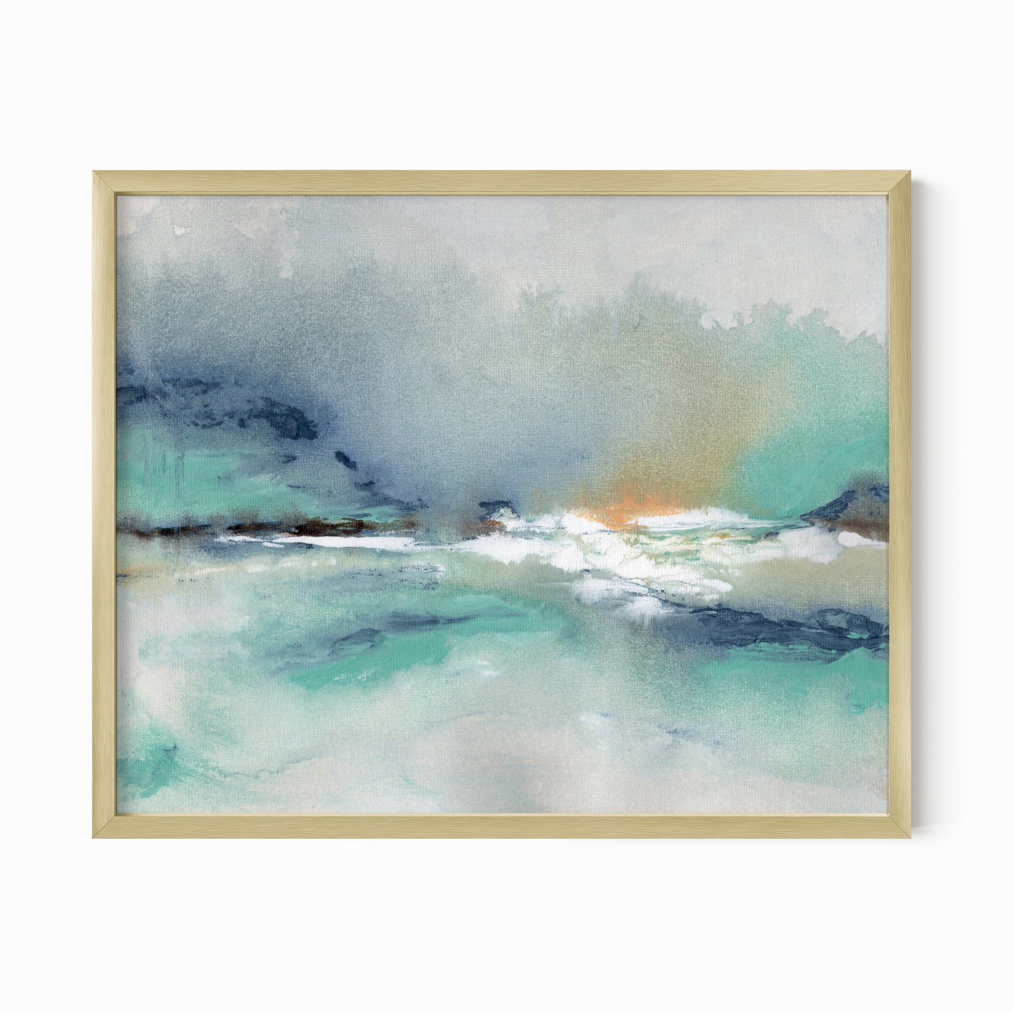Crossing - abstract beach coastal landscape original painting fine are print in slate blue, navy, gray, charcoal, black, coral, white, teal; framed in gold metal by NLS Design. Large vibrant wall art for living rooms, bedrooms, entryways, offices, bathrooms, and above sofas and beds. Modern coastal minimalistic bold expressive design. Artwork by NLS Design, nlsdesignllc.com. Real art by a real artist - NO AI. Magnolia, McGee and Co., Crate and Barrel, Serena &amp; Lily, Pottery Barn dupe/look alike