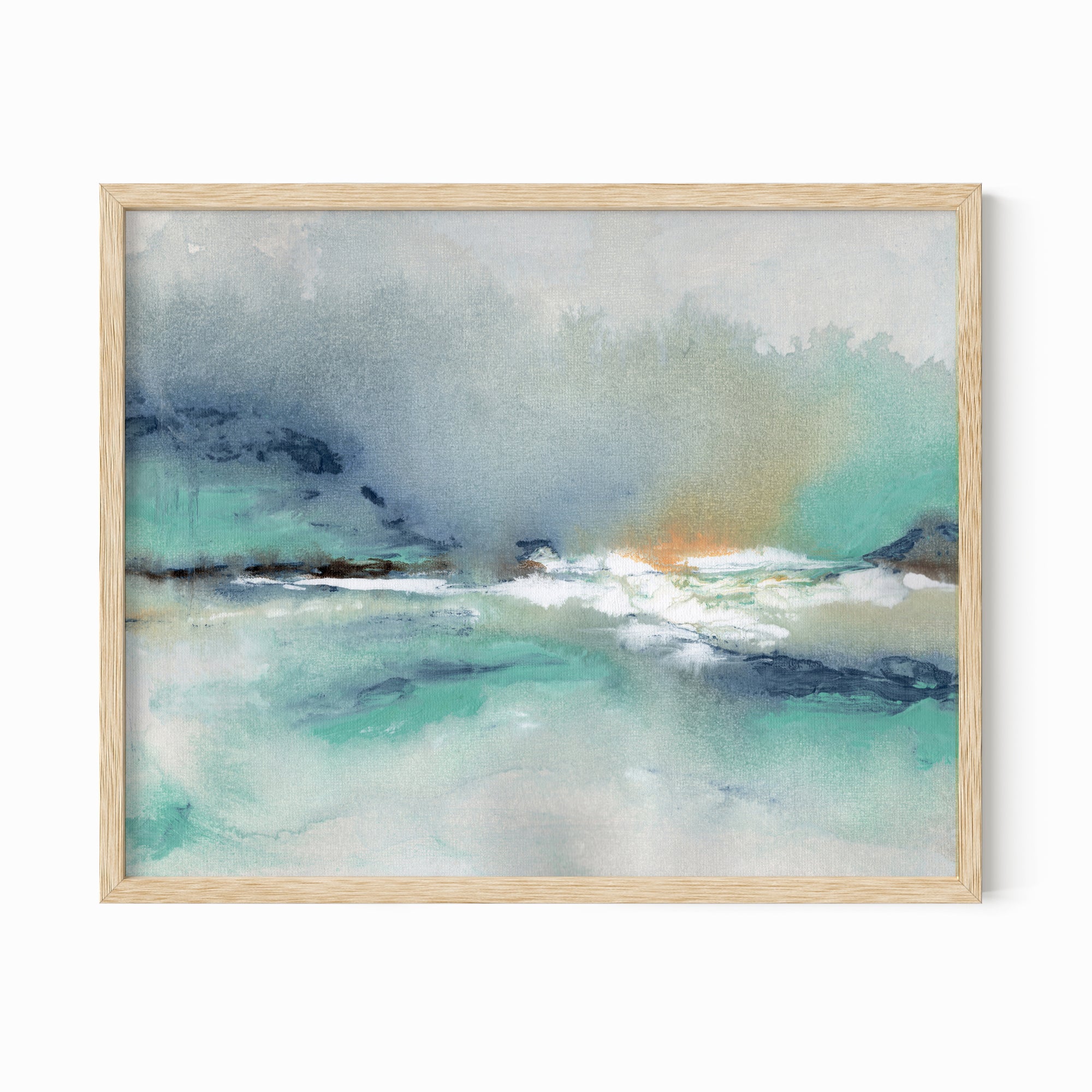 Crossing - abstract beach coastal landscape original painting fine are print in slate blue, navy, gray, charcoal, black, coral, white, teal; framed in natural oak by NLS Design. Large vibrantl wall art for living rooms, bedrooms, entryways, offices, bathrooms, and above sofas and beds. Modern coastal minimalistic bold expressive design. Artwork by NLS Design, nlsdesignllc.com. Real art by a real artist - NO AI. Magnolia, McGee and Co., Crate and Barrel, Serena & Lily, Pottery Barn dupe/look alike