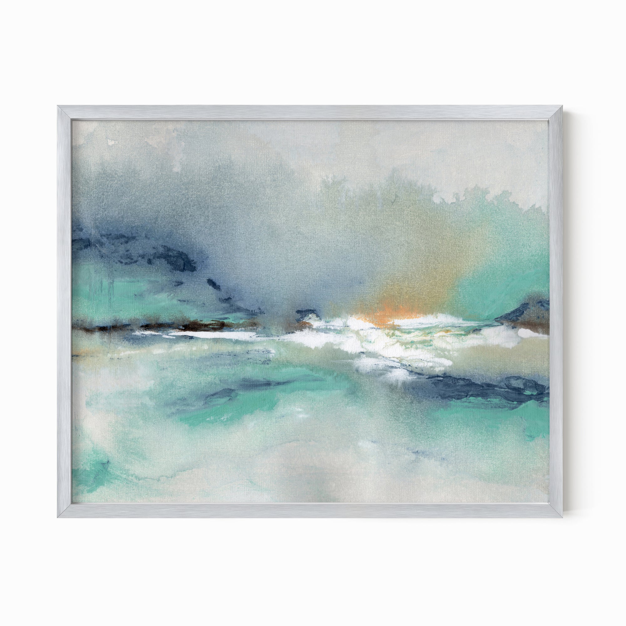 Crossing - abstract beach coastal landscape original painting fine are print in slate blue, navy, gray, charcoal, black, coral, white, teal; framed in silver metal by NLS Design. Large vibrant wall art for living rooms, bedrooms, entryways, offices, bathrooms, and above sofas and beds. Modern coastal minimalistic bold expressive design. Artwork by NLS Design, nlsdesignllc.com. Real art by a real artist - NO AI. Magnolia, McGee and Co., Crate and Barrel, Serena &amp; Lily, Pottery Barn dupe/look alike