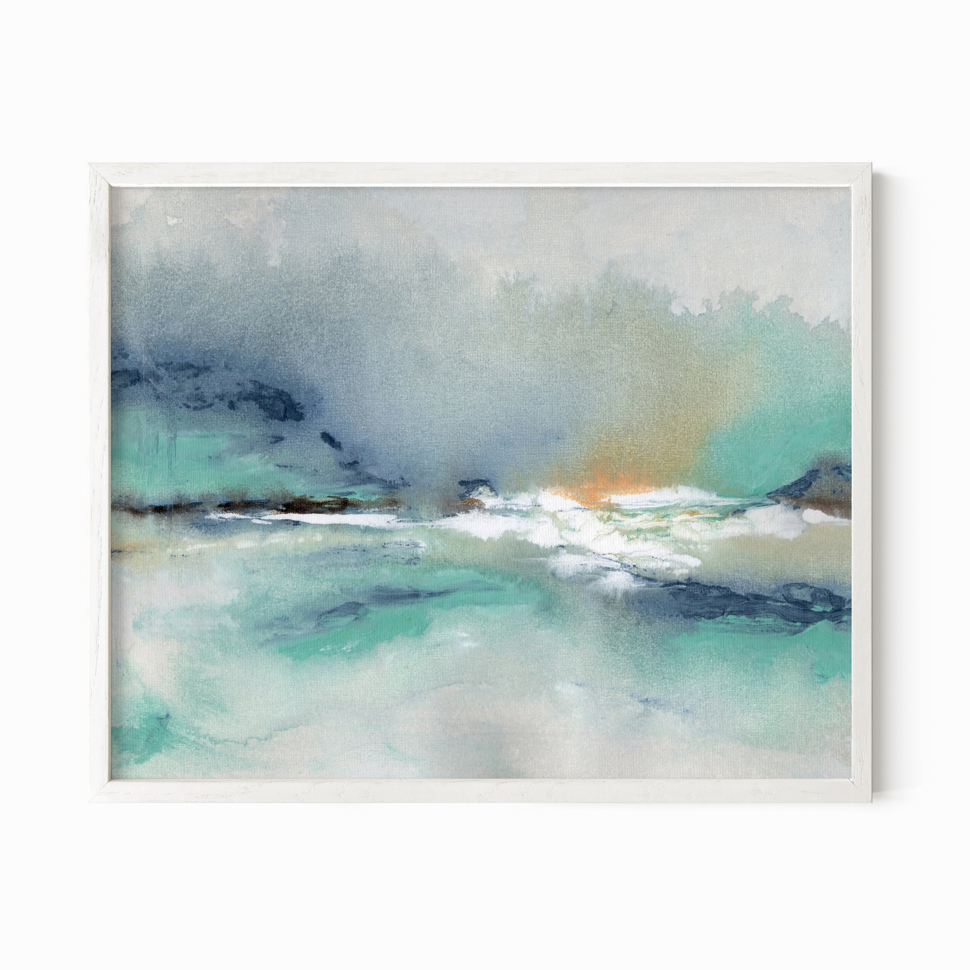 Crossing - abstract beach coastal landscape original painting fine are print in slate blue, navy, gray, charcoal, black, coral, white, teal; framed in white oak by NLS Design. Large vibrant wall art for living rooms, bedrooms, entryways, offices, bathrooms, and above sofas and beds. Modern coastal minimalistic bold expressive design. Artwork by NLS Design, nlsdesignllc.com. Real art by a real artist - NO AI. Magnolia, McGee and Co., Crate and Barrel, Serena &amp; Lily, Pottery Barn dupe/look alike