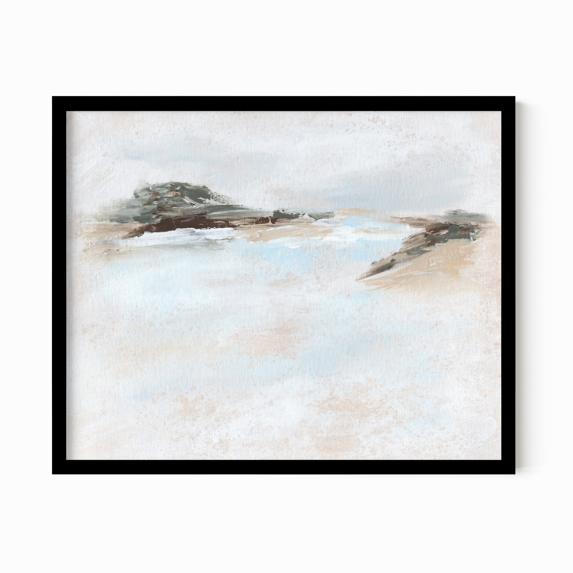 Dwell - abstract beach coastal landscape original painting fine are print in white, light gray, light blue, brown, beige, muted sage green, taupe, tan, cream; framed in black oak by NLS Design. Large neutral wall art for living rooms, bedrooms, entryways, offices, bathrooms, and above sofas and beds. Modern coastal minimalistic open airy soft design. nlsdesignllc.com