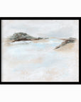 Dwell - abstract beach coastal landscape original painting fine are print in white, light gray, light blue, brown, beige, muted sage green, taupe, tan, cream; framed in black oak by NLS Design. Large neutral wall art for living rooms, bedrooms, entryways, offices, bathrooms, and above sofas and beds. Modern coastal minimalistic open airy soft design. nlsdesignllc.com