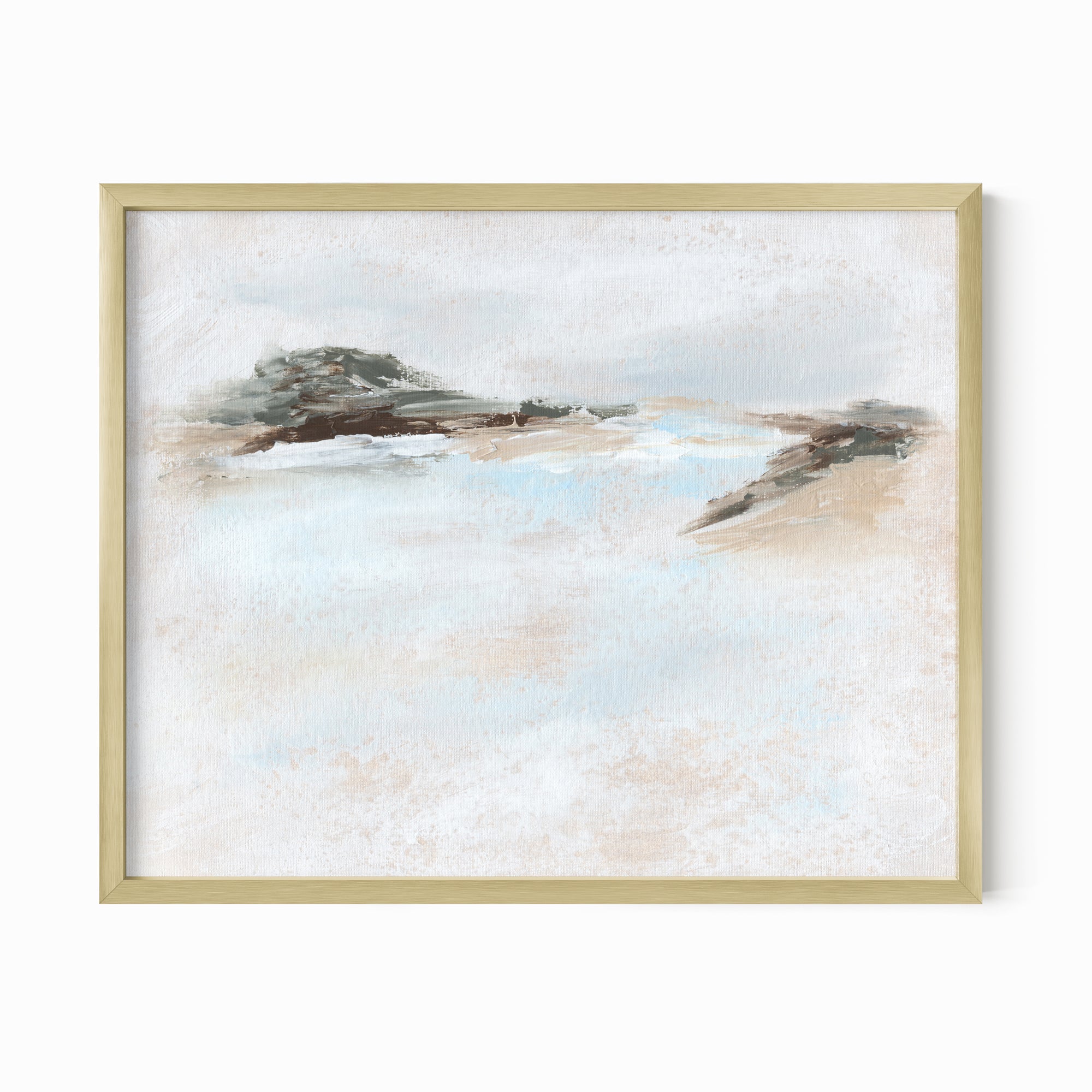 Dwell - abstract beach coastal landscape original painting fine are print in white, light gray, light blue, brown, beige, muted sage green, taupe, tan, cream; framed in gold metal by NLS Design. Large neutral wall art for living rooms, bedrooms, entryways, offices, bathrooms, and above sofas and beds. Modern coastal minimalistic open airy soft design. nlsdesignllc.com