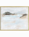 Dwell - abstract beach coastal landscape original painting fine are print in white, light gray, light blue, brown, beige, muted sage green, taupe, tan, cream; framed in gold metal by NLS Design. Large neutral wall art for living rooms, bedrooms, entryways, offices, bathrooms, and above sofas and beds. Modern coastal minimalistic open airy soft design. nlsdesignllc.com
