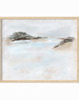 Dwell - abstract beach coastal landscape original painting fine are print in white, light gray, light blue, brown, beige, muted sage green, taupe, tan, cream; framed in natural oak by NLS Design. Large neutral wall art for living rooms, bedrooms, entryways, offices, bathrooms, and above sofas and beds. Modern coastal minimalistic open airy soft design. nlsdesignllc.com