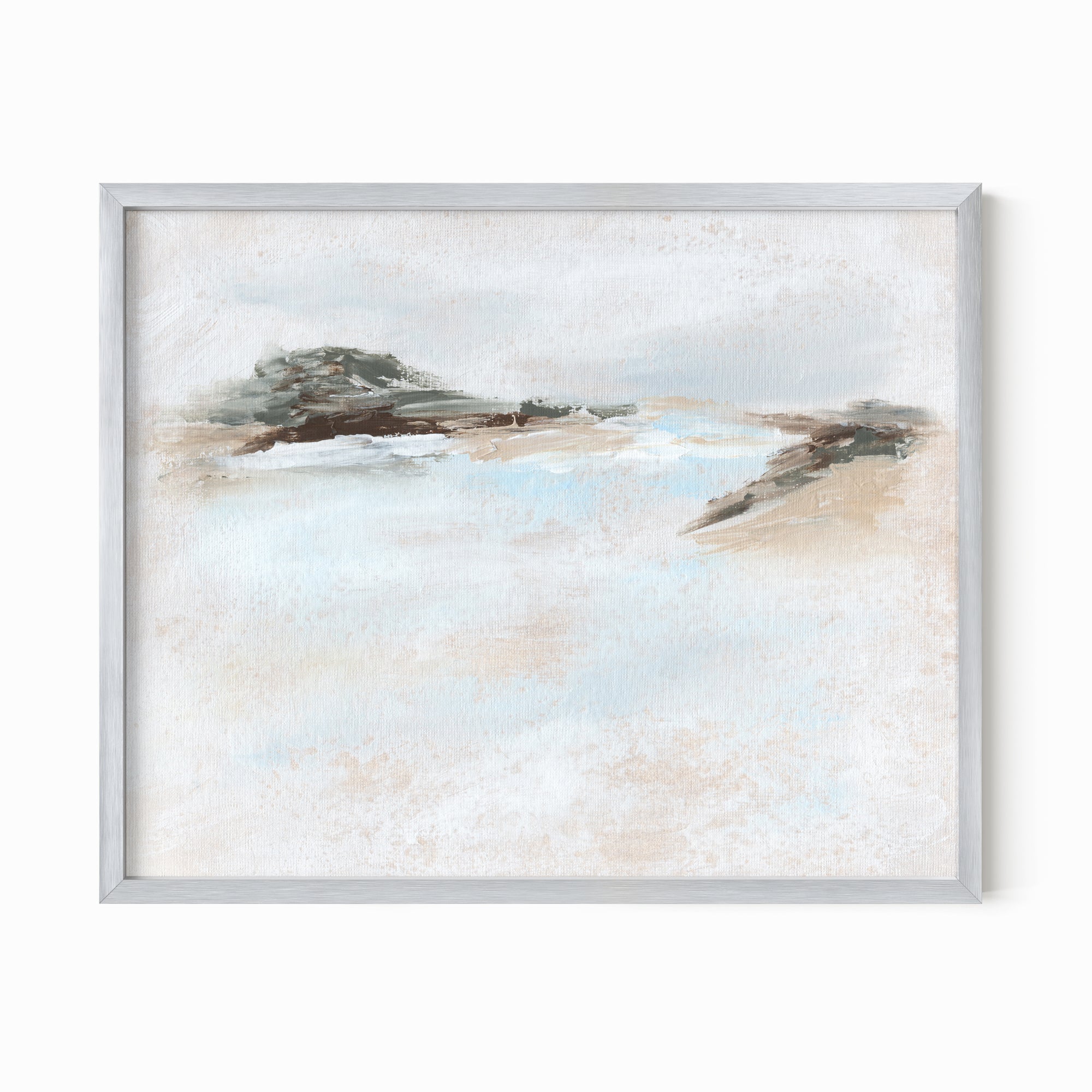 Dwell - abstract beach coastal landscape original painting fine are print in white, light gray, light blue, brown, beige, muted sage green, taupe, tan, cream; framed in silver metal by NLS Design. Large neutral wall art for living rooms, bedrooms, entryways, offices, bathrooms, and above sofas and beds. Modern coastal minimalistic open airy soft design. nlsdesignllc.com